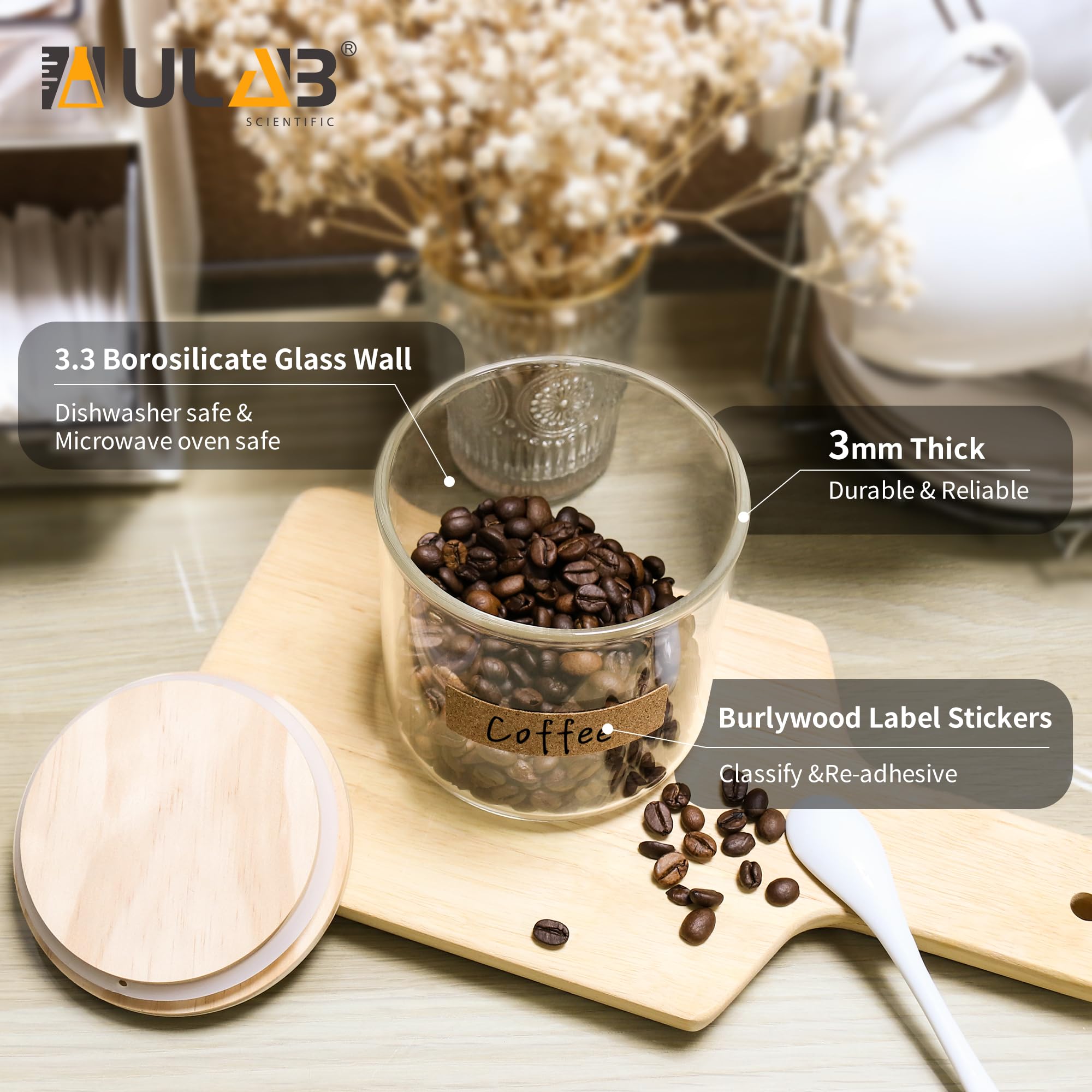 ULAB Juego de recipientes de vidrio grueso para alimentos con tapa, tarro de almacenamiento transparente, juego de recipientes herméticos de vidrio para galletas, pasta, granos de café, USJ1001