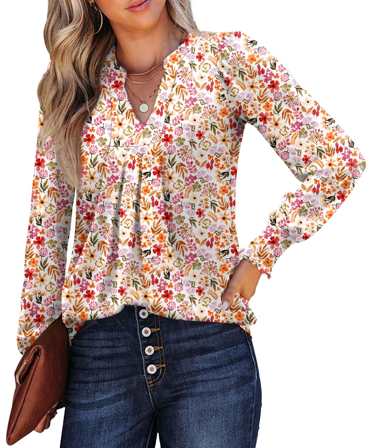Womens V Neck Long Sleeve Blouses Tops 2025 Fall Fashion Ruffle Cuffs Dressy Casual T-Shirts