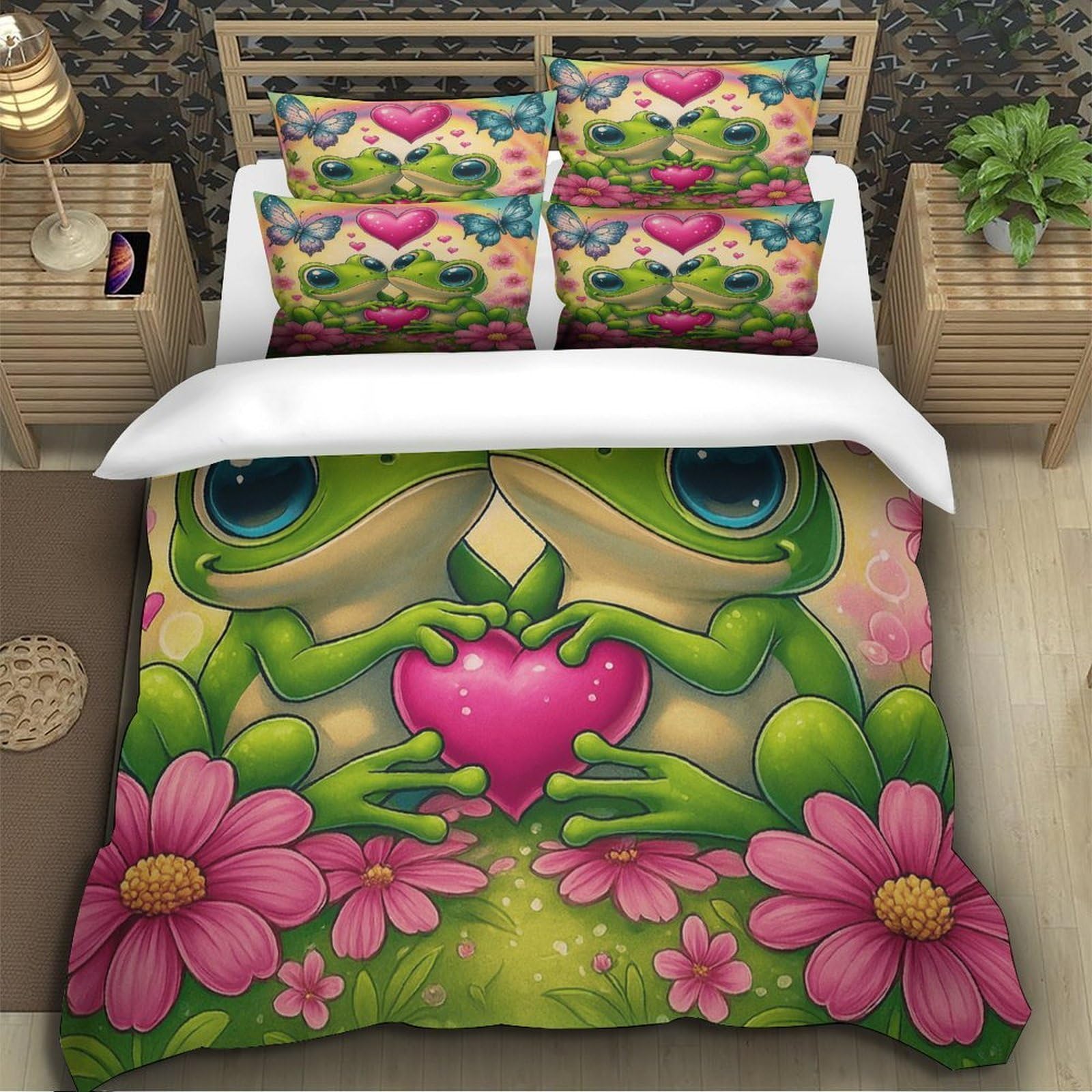 Copripiumino rana carina 3D stampata Microfibra Decorazione camera Set biancheria rana coppia Morbido traspirante per giovani adulti Super king（260x220cm）