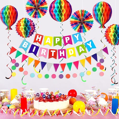 Miniatura 7 de Anwyll Kit de decoración de fiesta de cumpleaños arcoíris para niños, niñas, niños, juego colorido con pancarta de feliz cumpleaños, suministros