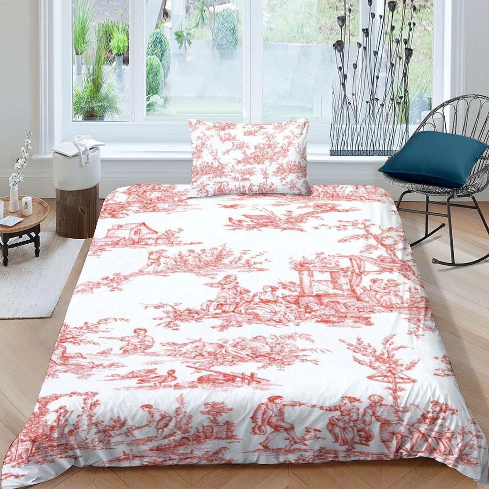 Lently Men's Motif Of Toile De Jouy Bedding Set Duvet Cover Set With Zipper Closure, Quilt Cover Set For Teen Kids Boys Girls Adult, Durable Microfiber 2 Piece Set Single（135X200cm）