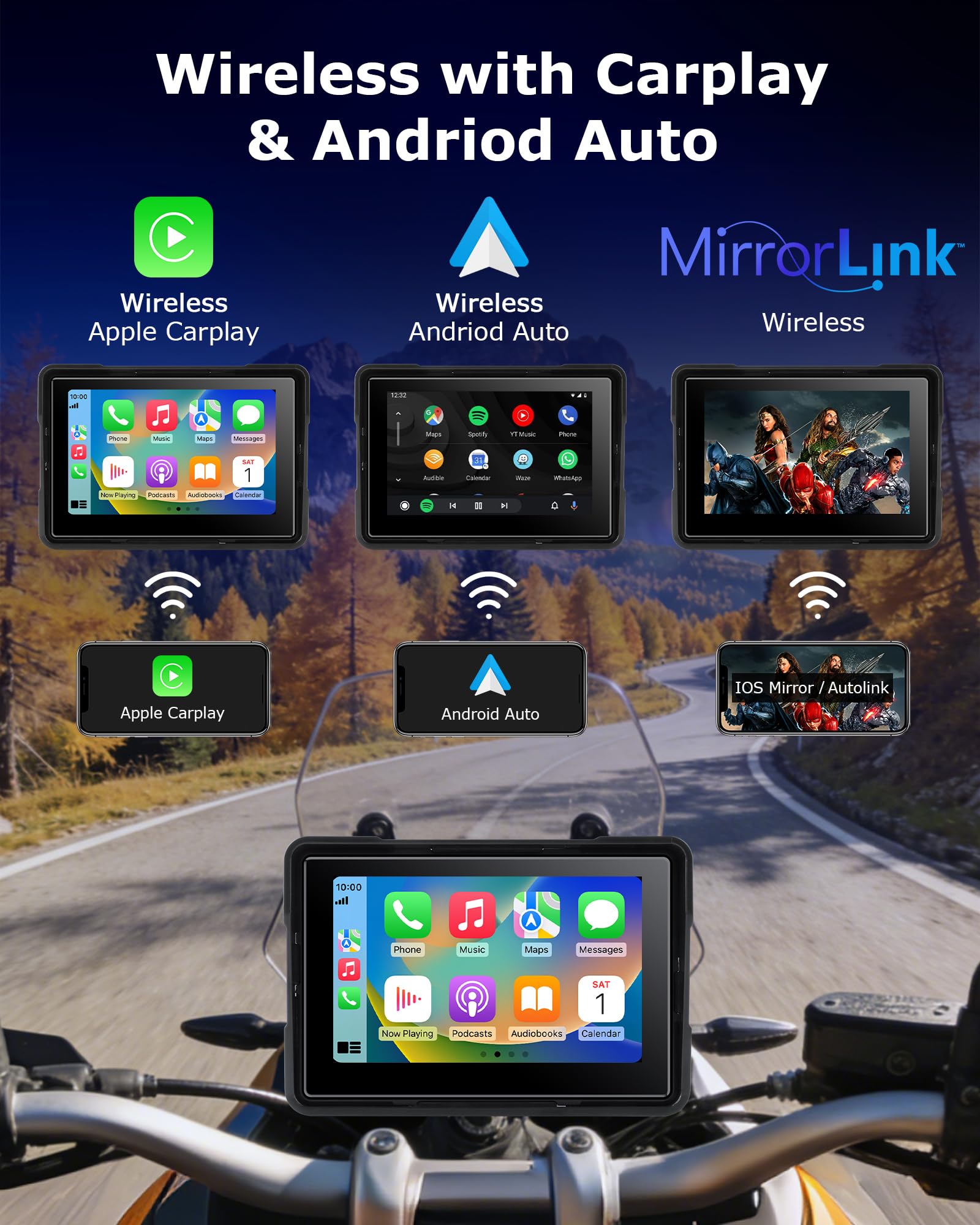Jansite Schermo Carplay Moto Android Auto con TPMS Sistema, 5 Pollici Navigatore Moto,Bluetooth,Impermeabile IP67,Siri/GoOgle Assistant