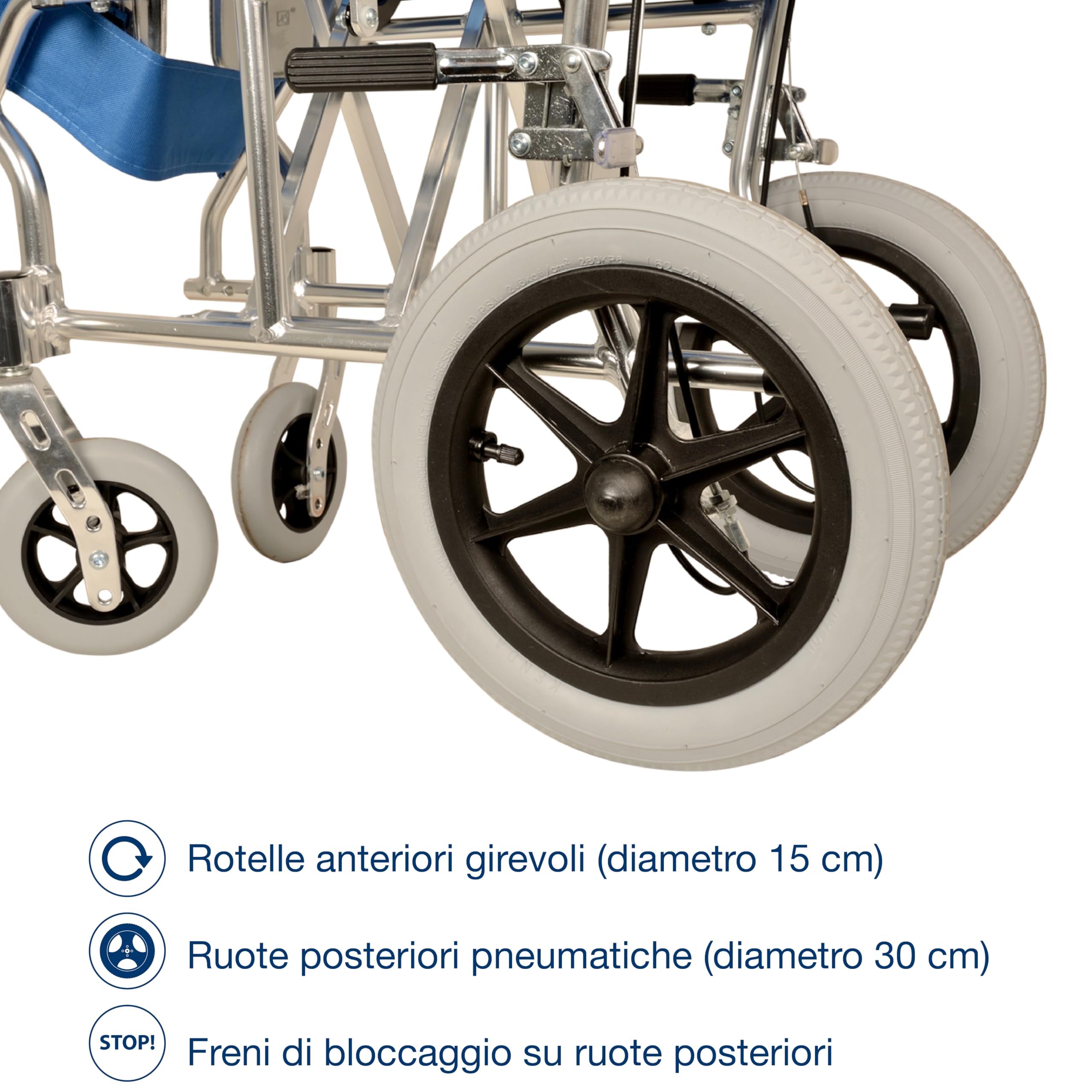 GIMA ref 43250 Silla de ruedas modelo Queen de aluminio, tela azul claro, asiento 46cm, ultra ligera 9.5kg, ruedas delanteras 15cm, ruedas traseras 30 cm con frenos de bloqueo