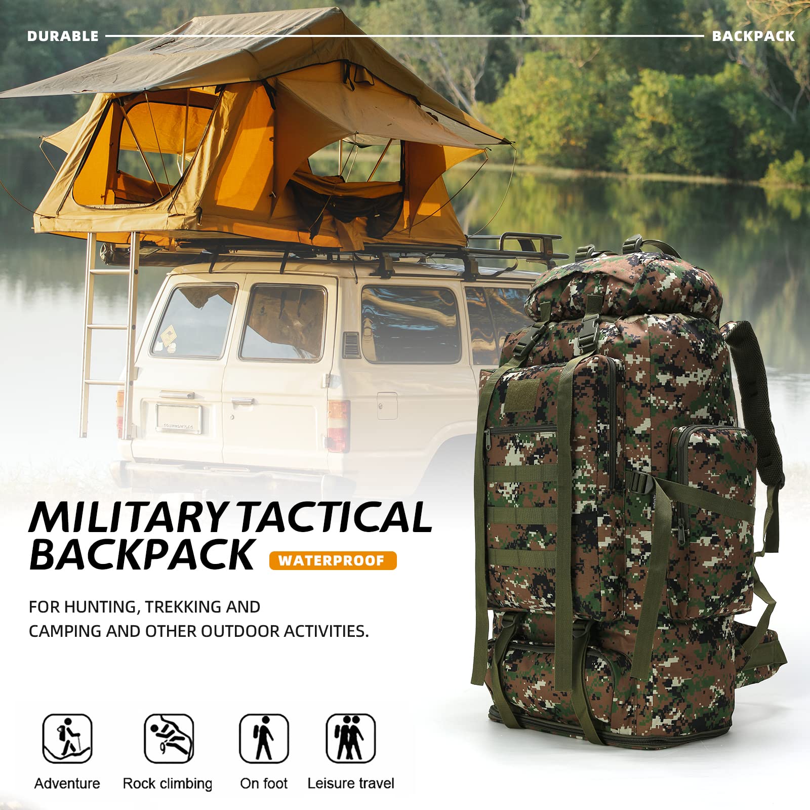 MOLLE - Mochila de senderismo (70 L/100 L, impermeable, para viajar) - Verde - X-Large