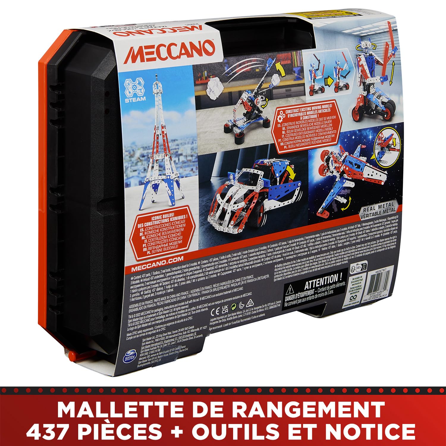 BANDAI - Meccano Baukoffer - Konstruktionsset 5-in-1 Fahrzeuge, Roboter, Eiffelturm - 437 Teile, Werkzeuge, Anleitung - Aktivitäts-Kit - Spielzeug ab 10 Jahren - APM20106