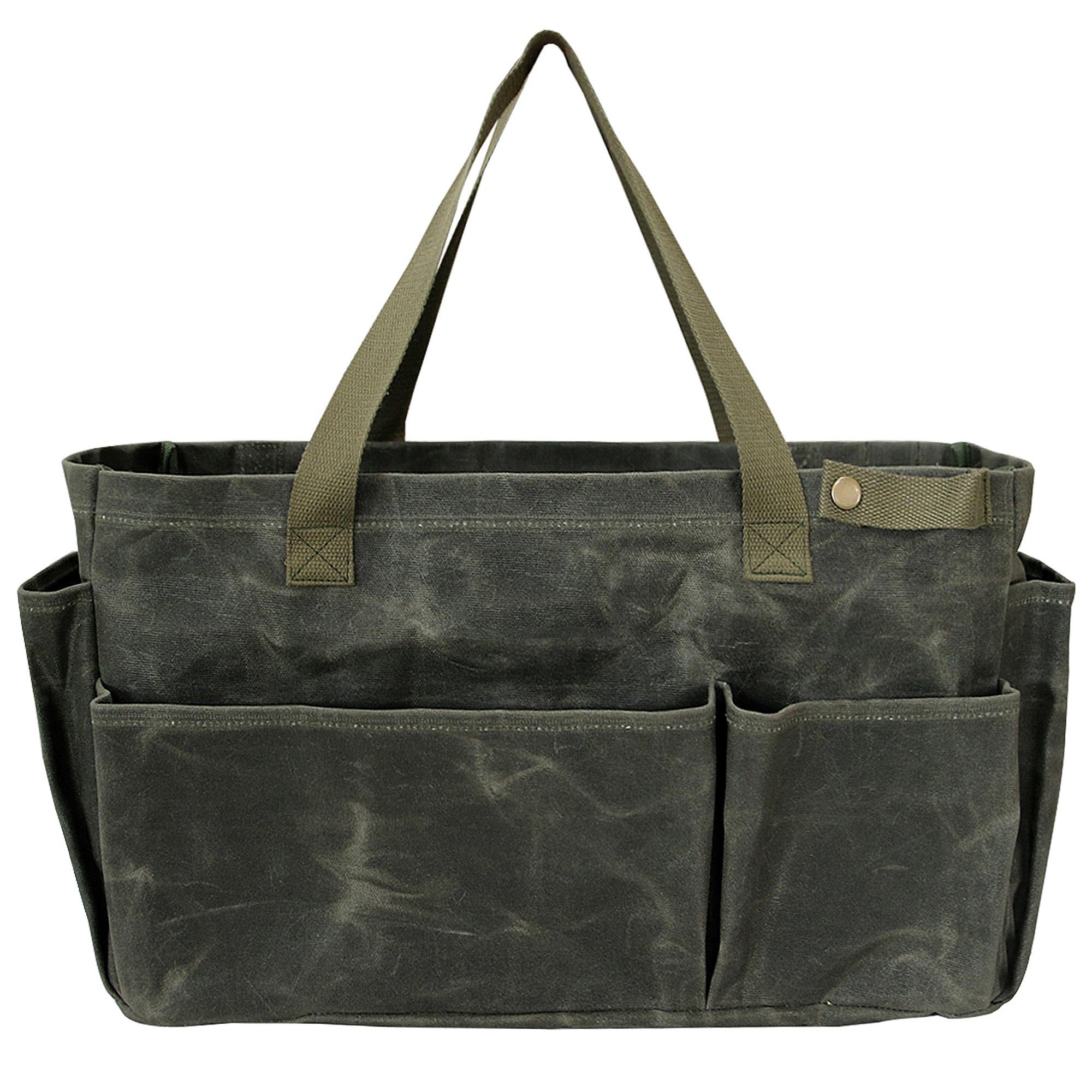 Faltbare werkzeugtasche Leer, gartenwerkzeug tasche, Handwerkzeugtasche groß, einkaufstasche klein, Waxed canvas 46x18x28cm - Ideal für Gärtner Elektriker Schreiner Handwerker(olivgrün)