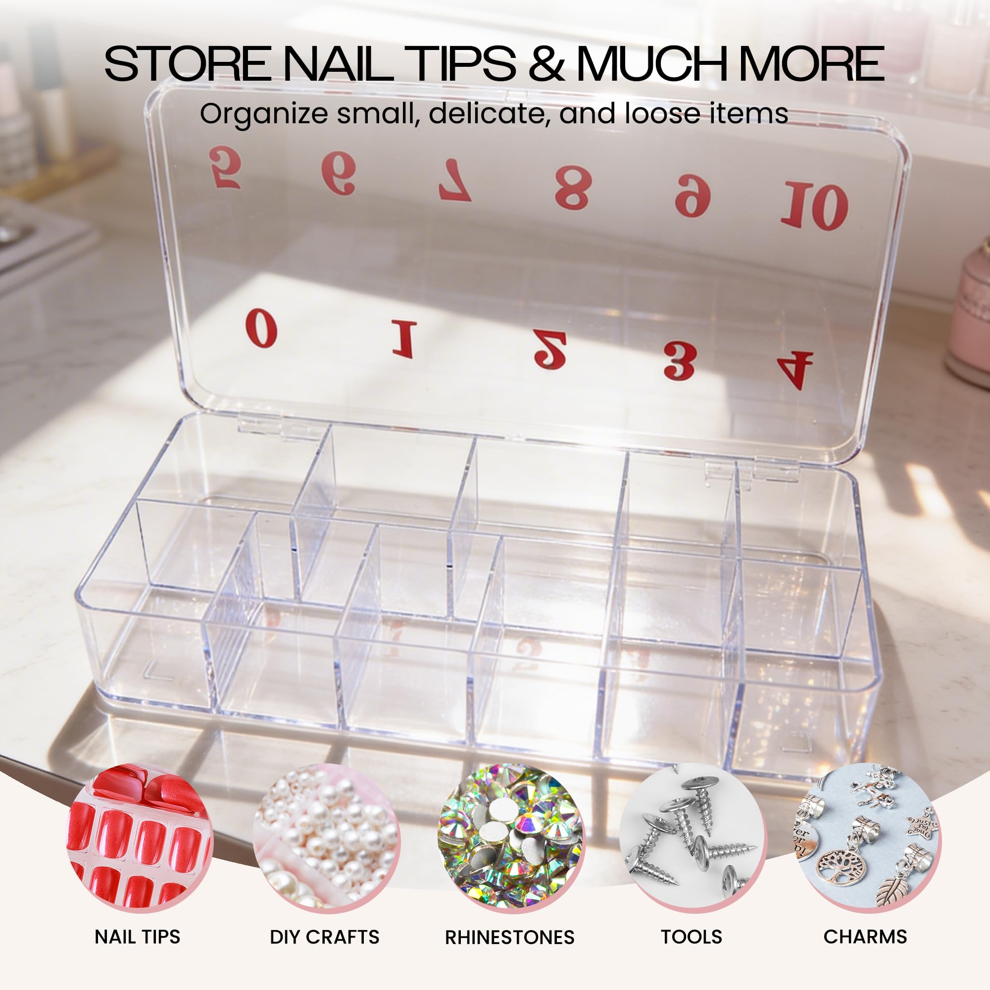 Beauticom USA - Caja organizadora de 11 espacios vacíos para puntas de uñas postizas, vitaminas, accesorios, 11 secciones