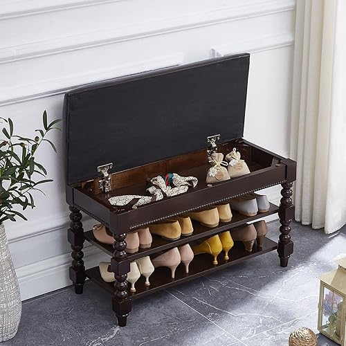 Miniatura 3 de LKZ Banco de almacenamiento de zapatos, banco de zapatos de madera maciza con asiento acolchado de cuero de microfibra para pasillo, entrada, sala