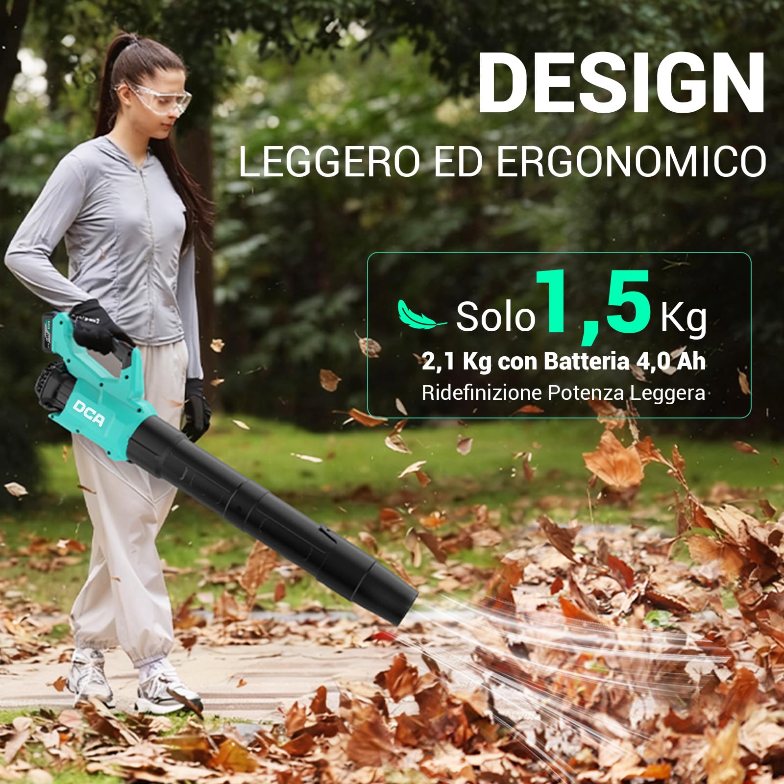 DCA Soffiatore per Foglie a Batteria 20V, Motore Brushless, Volume d'aria 820 m³/h, 193 km/h, Batteria 4.0Ah Inclusa, Leggero 1,5kg, Velocità Variabile, per Pulizia Giardino, Foglie e Neve