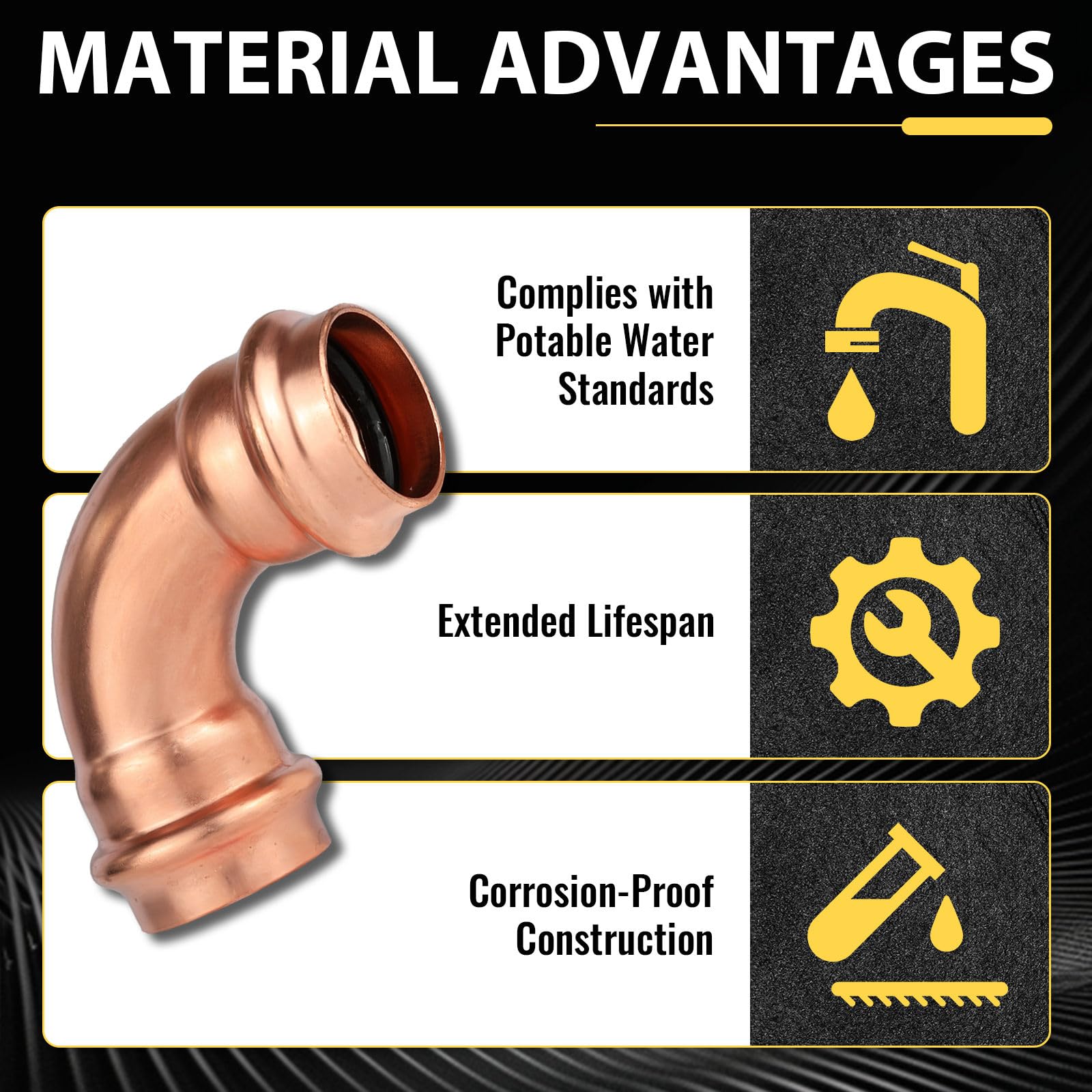 Paquete de 5 Codos de Cobre de 90 Grados Foskan de 1" x 1", conexión a presión, diseño LBP para tuberías de Cobre.