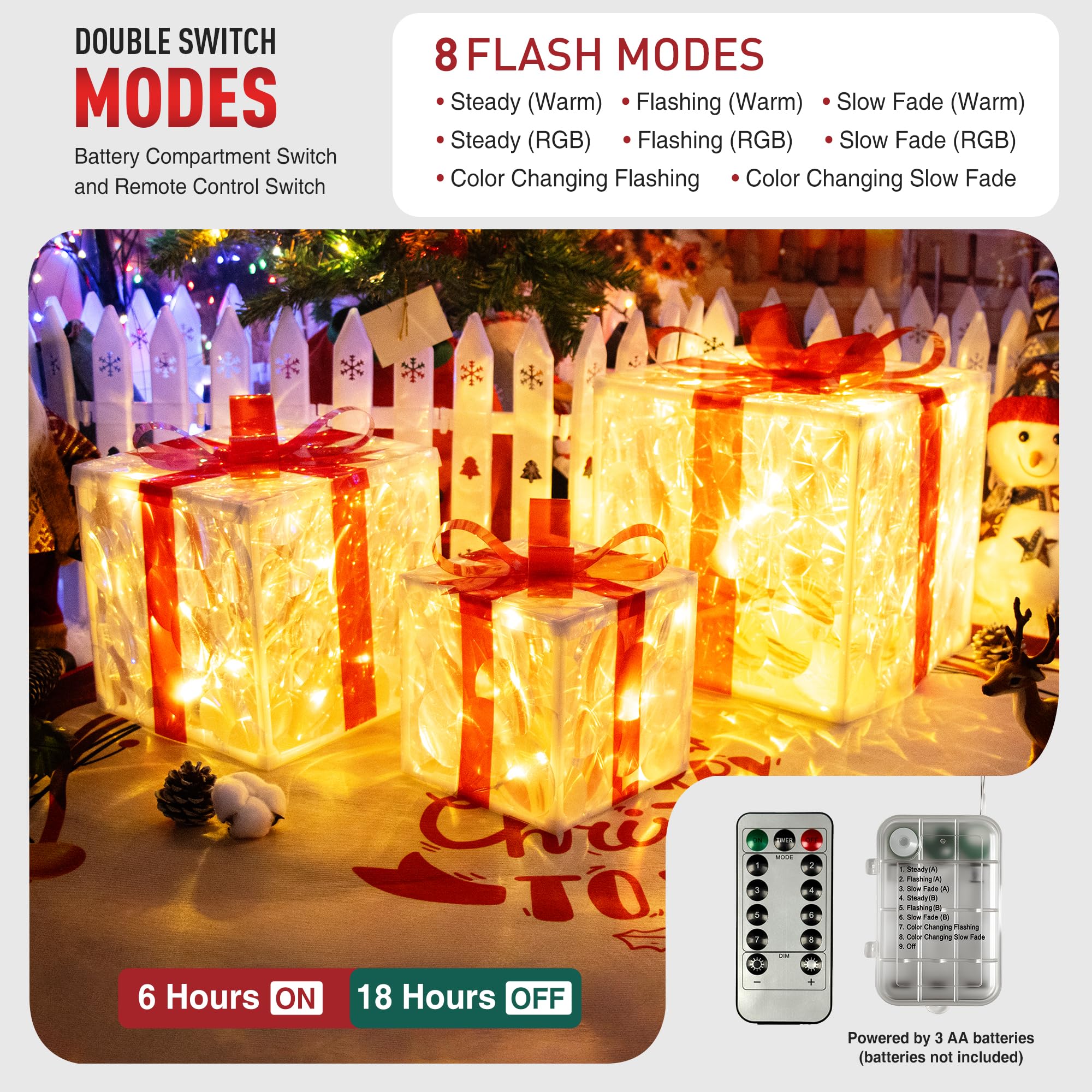 Set di 3 scatole regalo pieghevoli illuminate con 50 LED, ideali per decorazioni natalizie all'aperto e decorazioni natalizie per interni, per abbellire la decorazione natalizia del pavimento