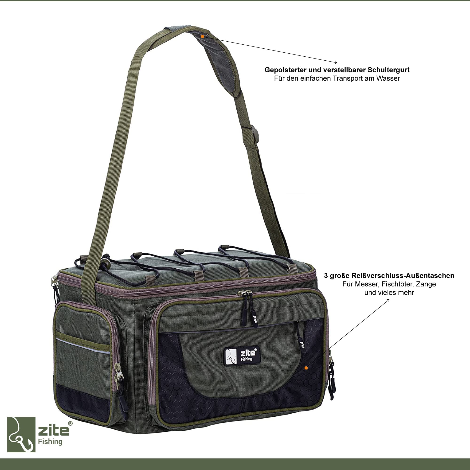Zite Fishing Angeltasche mit Boxen [4 Köder-Boxen inkl] Umhängetasche als Angelkoffer-Rucksack Alternative, Angeltaschen/Fishing Bag, Angler Tasche, Angeltasche groß, Angeln-Tasche