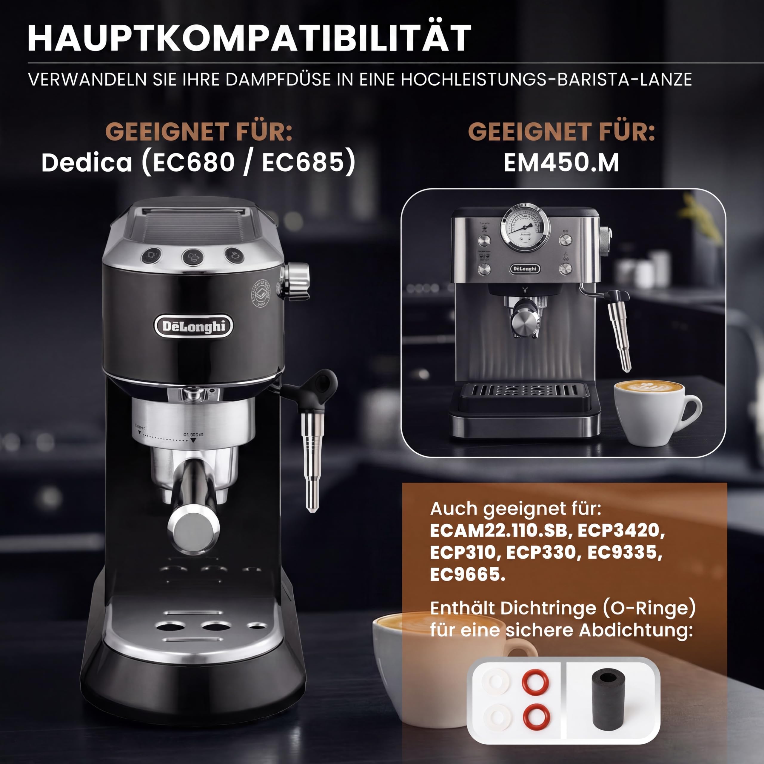 Dampfdüse 1 mm für De'Longhi Dedica EC680 EC685 und EM450.M | Dampfdüse aus Edelstahl für Espressomaschine | Upgrade Latte Art