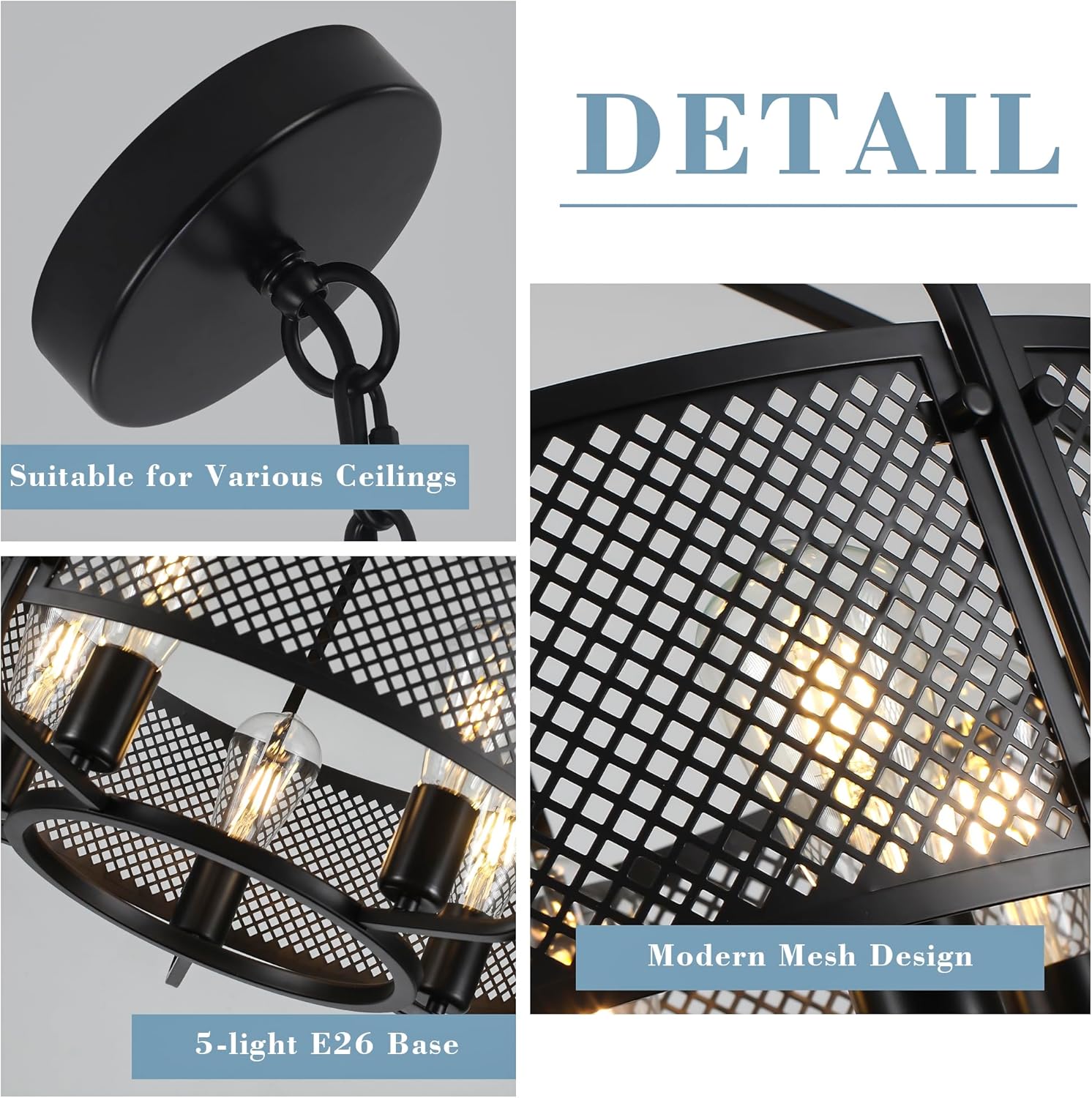 21" Black Drum Chandelier, 5-Light Farmhouse Chandeliers Large Modern Pendant Light, Rustic Round Chandeliers for Dining Room, Kitchen Island, Living Room, Bedroom, Foyer, Entryway, Hallway