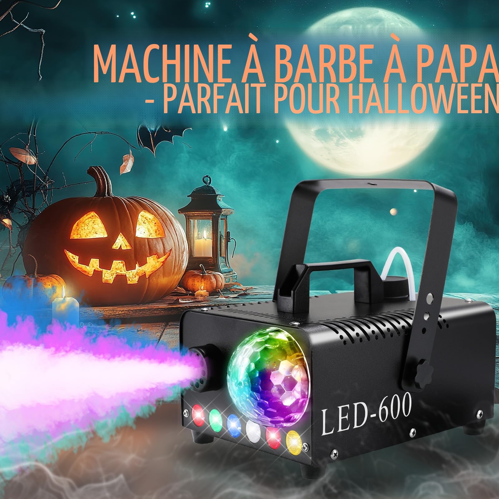 MAMIZO Machine à Fumée avec Boule Disco, 6 LED RGB, 600W 5000 CFM Fumée Halloween, avec Fonction Auto-Spray, DJ Light, Machine à Brouillard, Idéale pour Halloween, Noël, Mariages et Fêtes