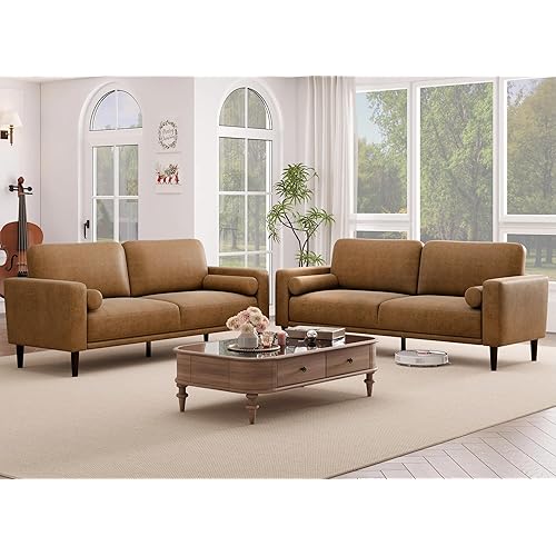 HIFIT 2 Pcs Faux Leather Sofa Couches for Living Room, 79'' Mid-Century Modern Couch with Deep Seat & 2 Pillows, 3 Seater Home Sofa Living Room Furniture Sets for Office, Bedroom, Apartment, Brown