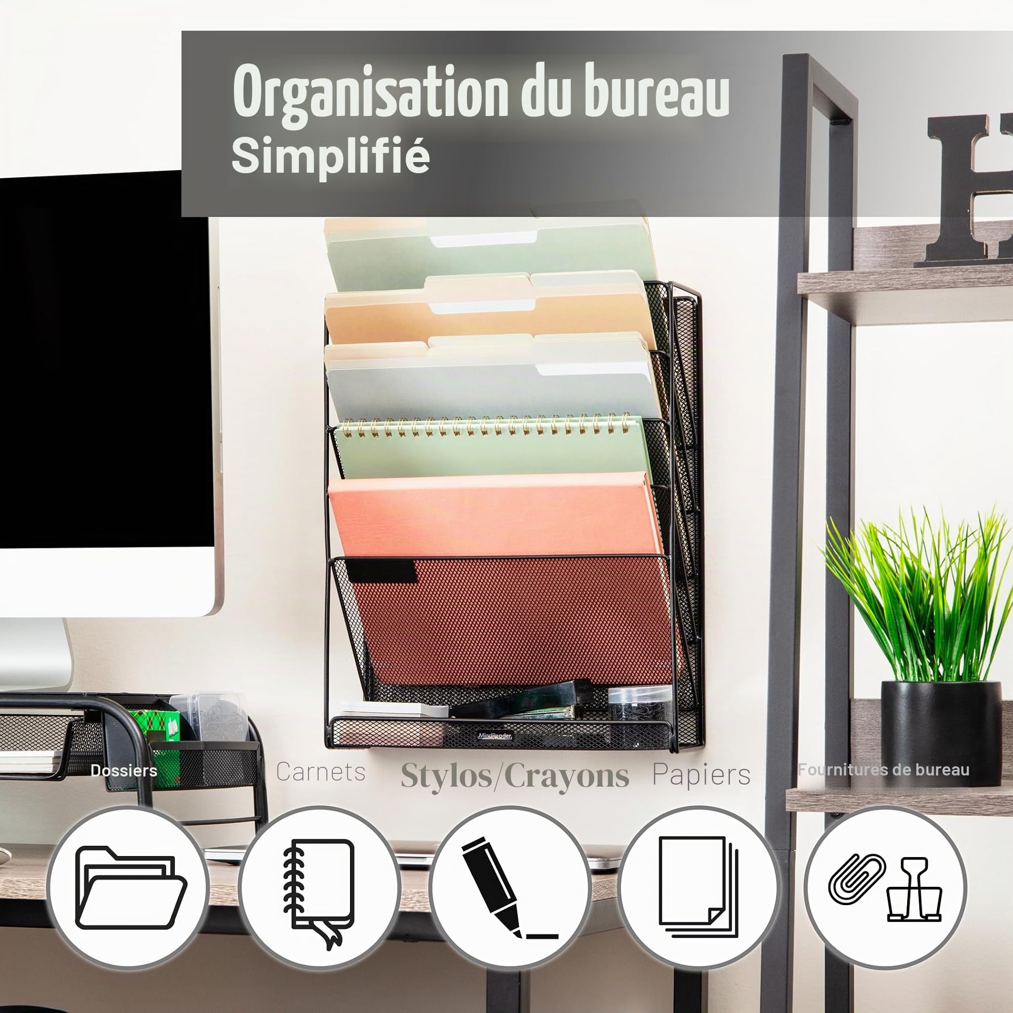 Mind Reader Rangement vertical de fichiers à 5 niveaux, organiseur de bureau, support mural, bureau, maille métallique, 32,75 (L) x 10,2 cm (l) x 40,6 cm (H), noir