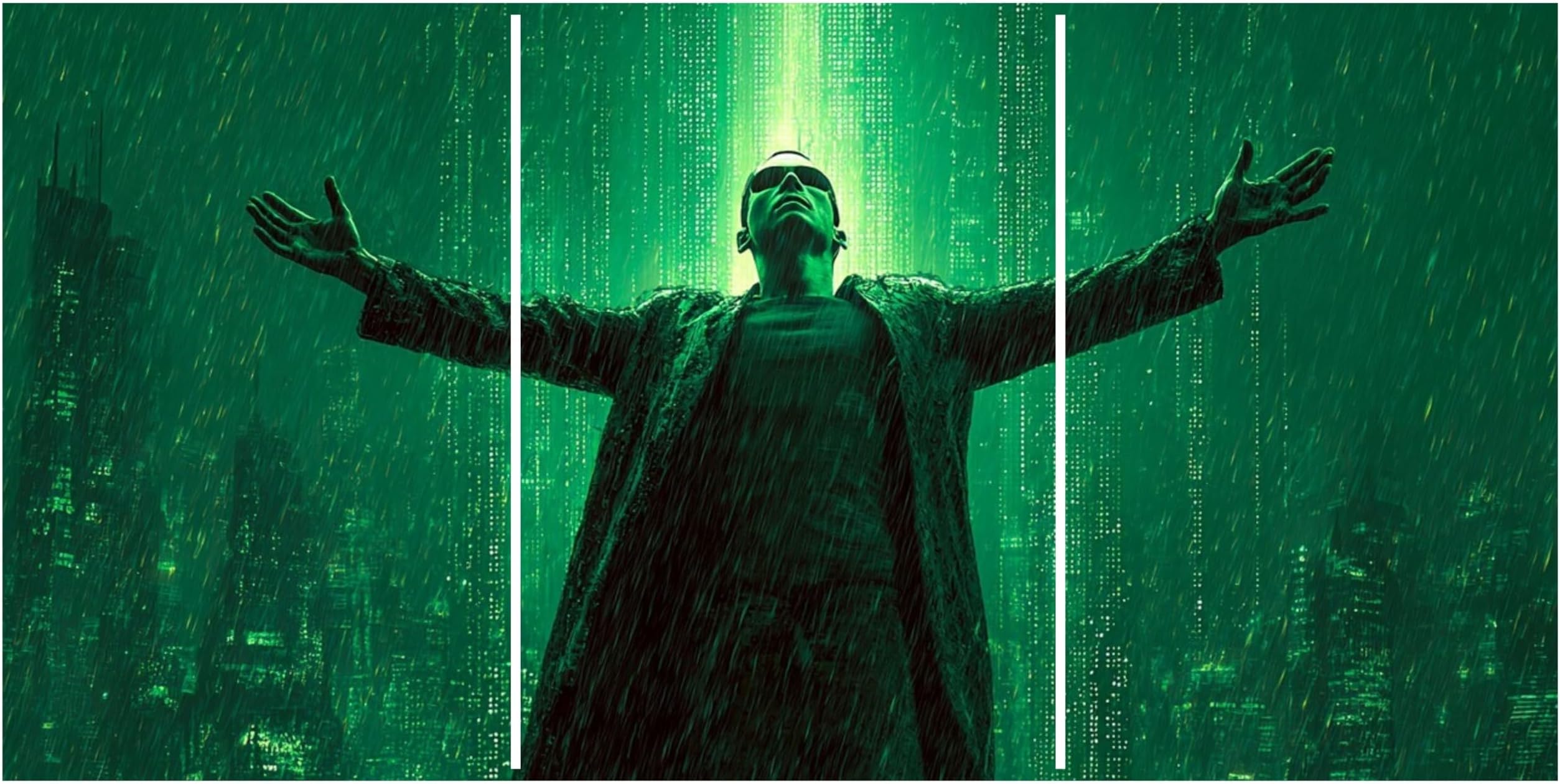 DREAM WORLD DECOR Cyberpunk Matrix-Inspired Split Wall Art Poster Set | A4 High-Resolution Art Prints | 300 GSM Glossy Paper | Triptych Sci-Fi Digital World Wall Decor for Bedroom, Office & Gaming Room