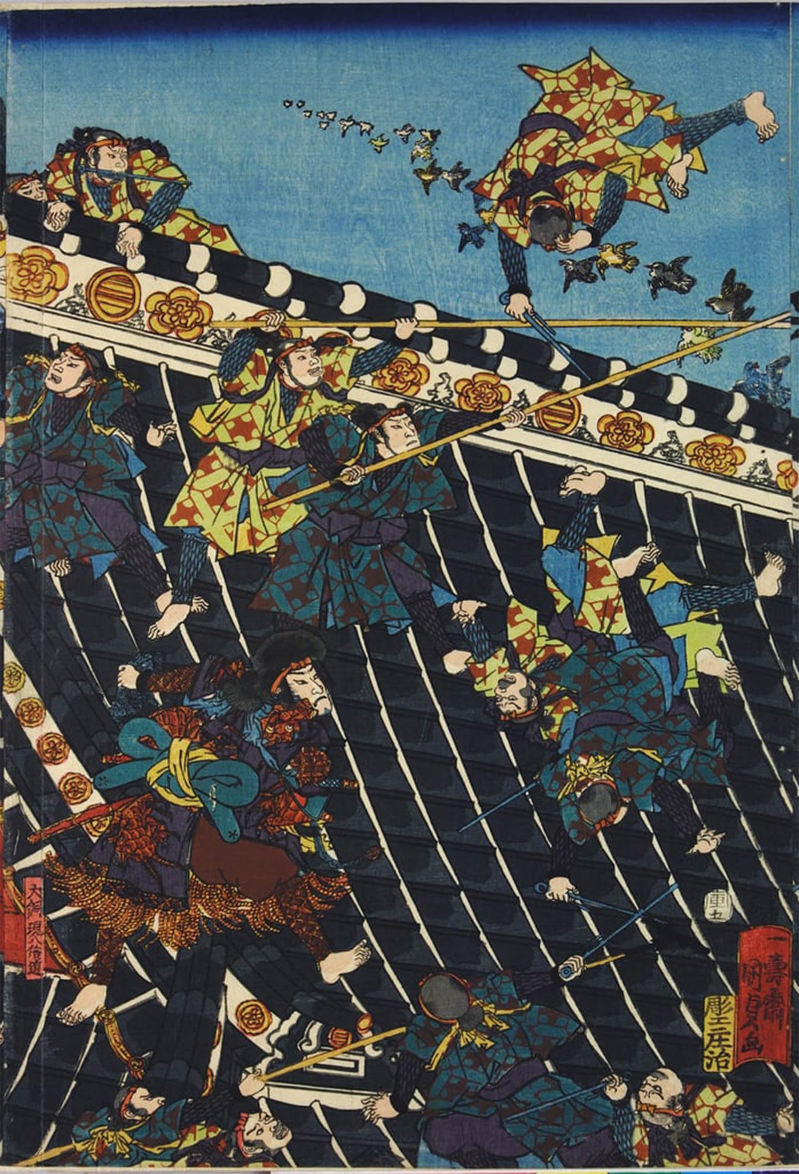 ARTXLXXBN Famous Art Print Poster Vintage Wall Art Hakkenden of Takizawa Bakin Showing a Fight on the Temple Roof Between Inuzuka Shino by Utagawa Kuniyoshi Canvas Art Poster for Home Decor 60x90cm