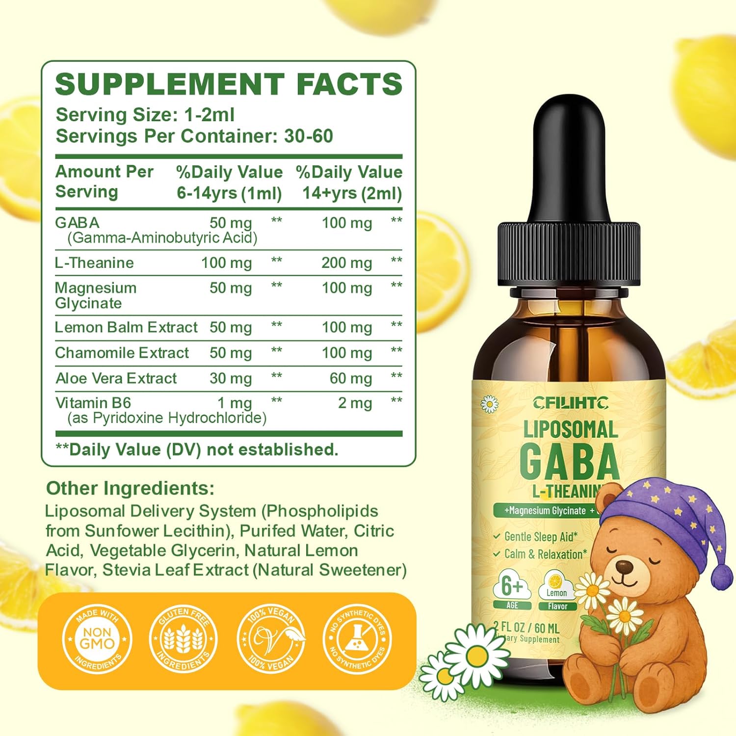 2 Pack Liposomal GABA L-Theanine Drops for Kids - Liquid GABA Supplement with Magnesium, Chamomile, Lemon Balm & Vitamin B6 - Support Relaxation, Focus & Stress Relief for Kids & Adults - Lemon