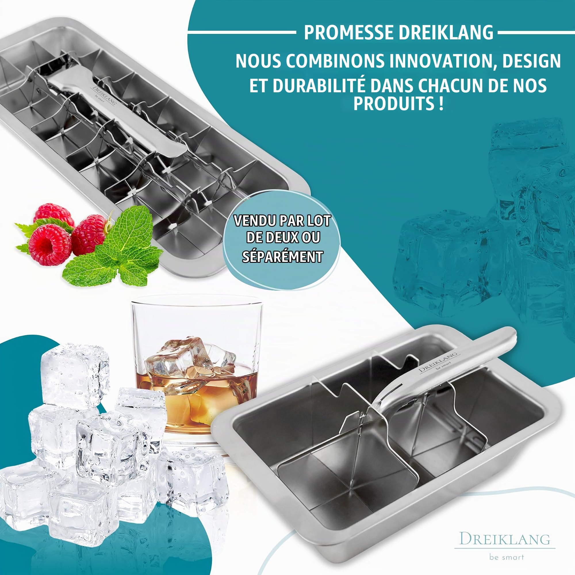 Dreiklang - be smart Bac à Glaçons Inox Lot de 2 18/8 poli avec Levier – Moule à Glace sans plastique & alimentaire pour 36 gros glaçons Ice Cube
