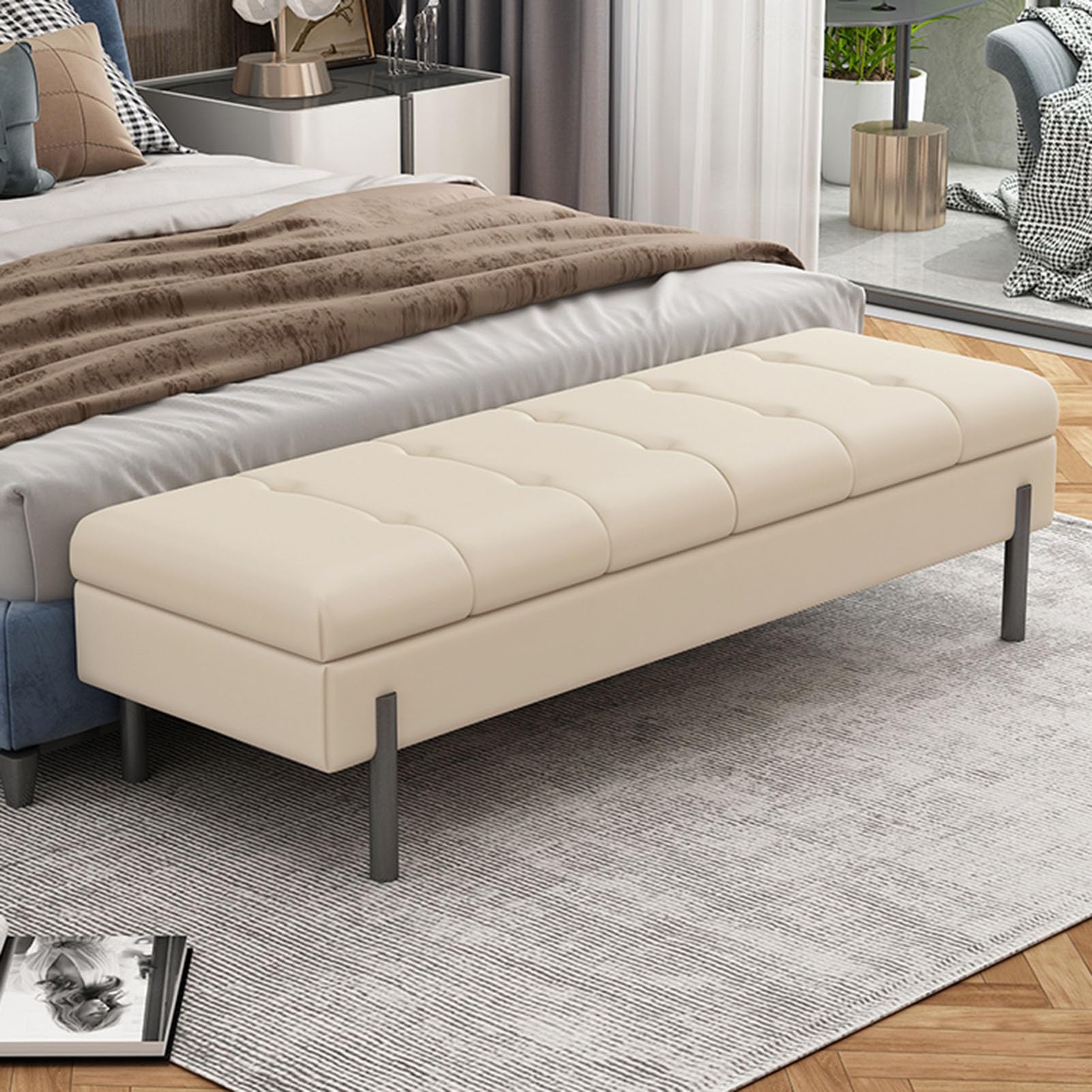 Tabouret polyvalent capitonné en cuir haut de gamme avec coffre