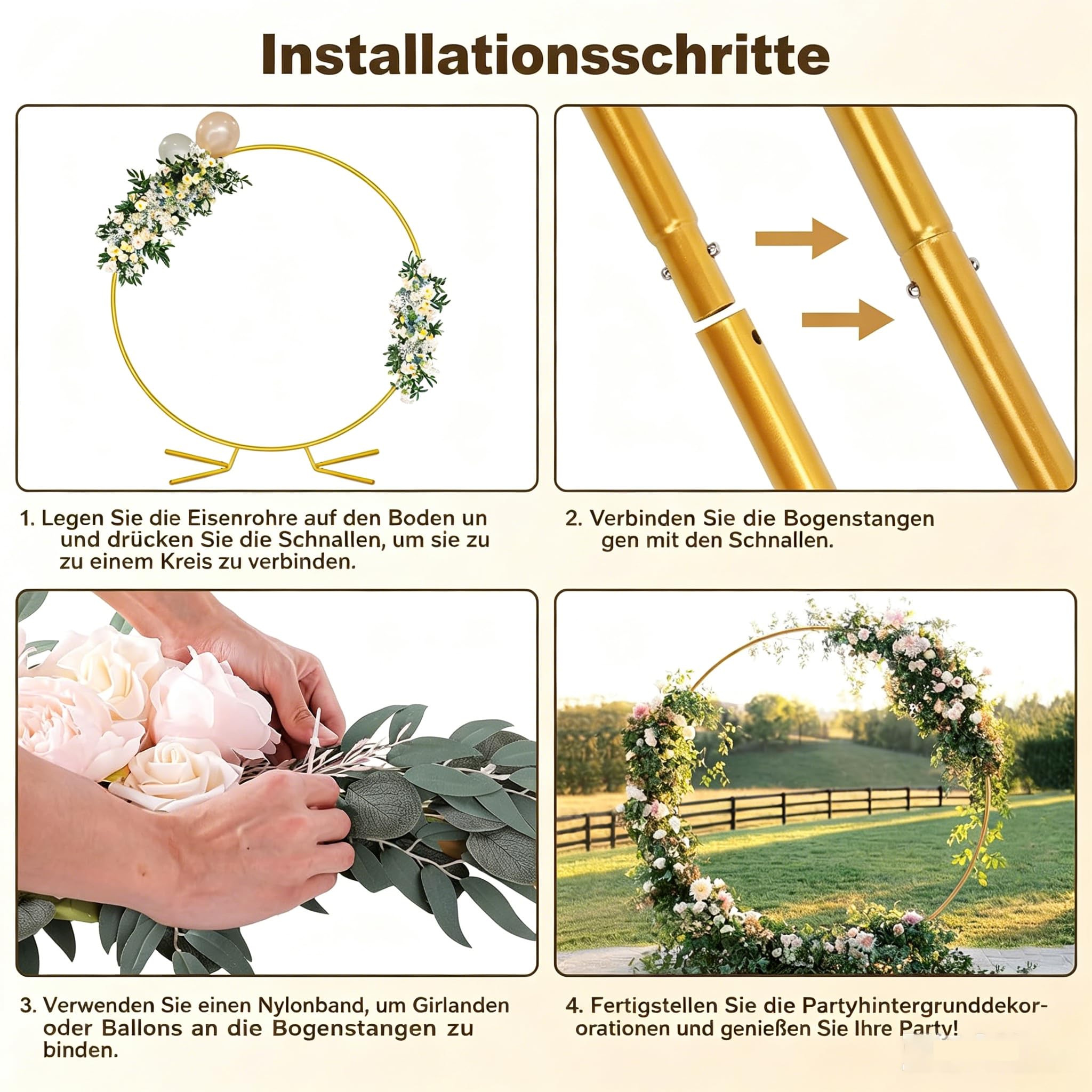 Hochzeitsbogen 2x2M Gold Ballonbogen Ständer Metall | Hochzeitsbogen Gestell, Ballondekoration, Hochzeit Babyshower Geburtstag Jubiläum Party, Fotohintergrund DIY Girlande Deko