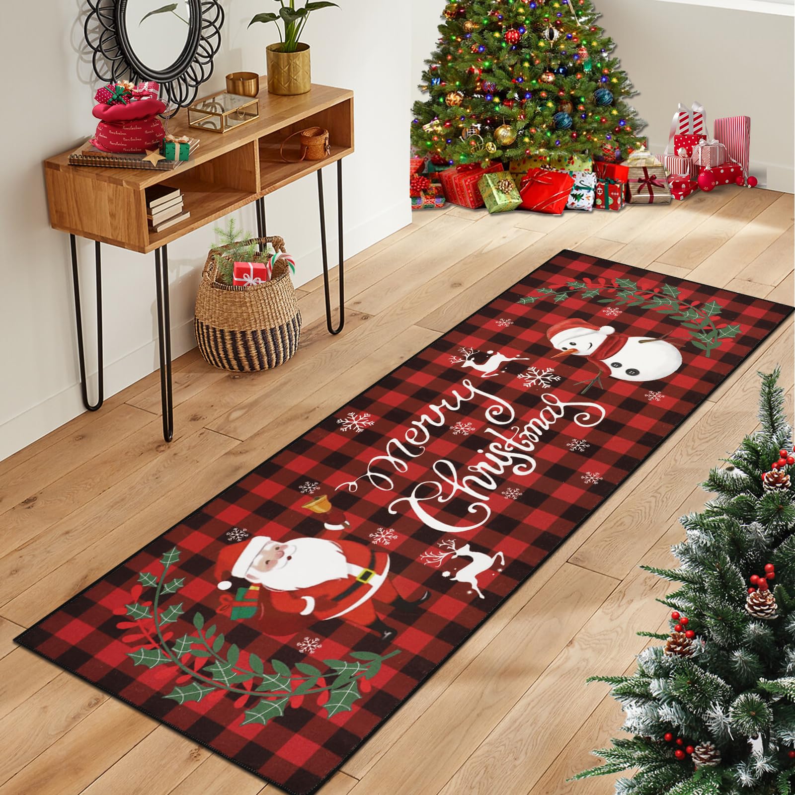 Christmas Runner Rug 2x8 Rug For Hallway Red Snowflake Plaid Decorative - View #8