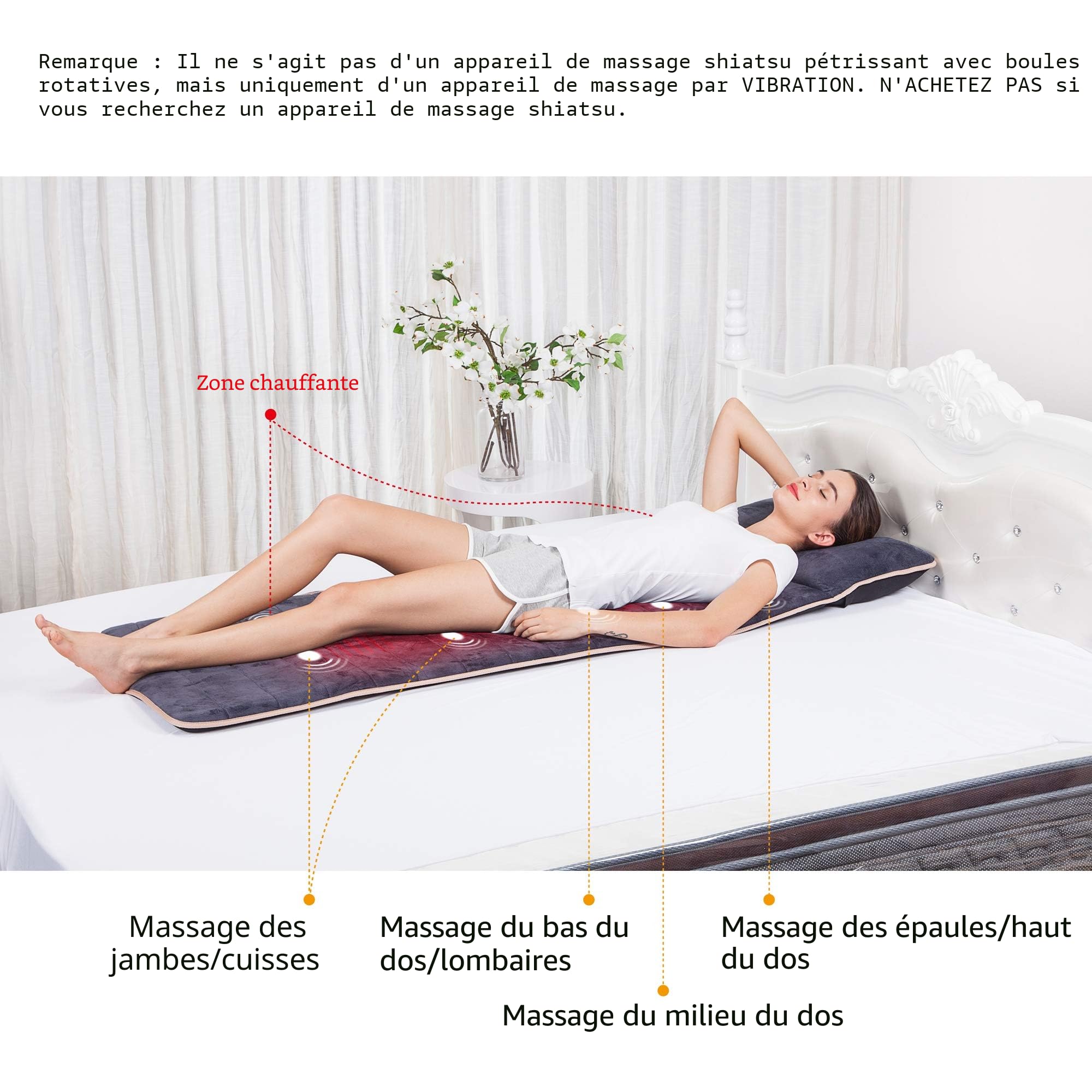 Snailax Matelas Massant Chauffant pour Corps Entier avec 10 Moteurs Vibrants, 4 Zones Chauffantes, 5 Modes et 2 Intensités de Massage, Tapis de Massage Relaxant pour Lit, Canapé ou Bureau, Cadeau
