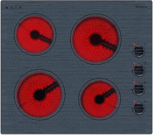 Karinear 4 Burners Electric Cooktop 24 Inch,Electric Stove Knob Control, Built-in Electric Ceramic Cooktop with Beautiful Pattern Glass Surface, 6000W, 220-240v Hard Wired(No Plug)