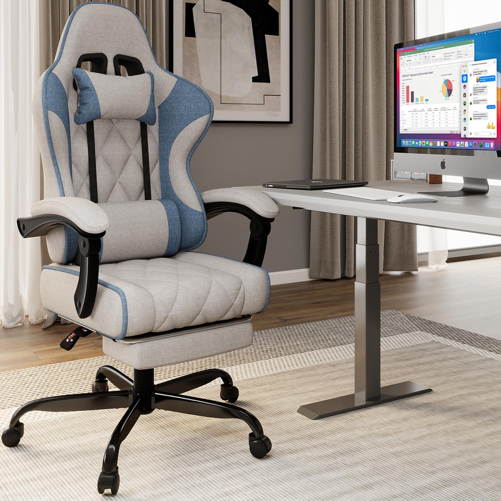 TRIUMPHKEY Chaise de Jeu & Bureau en Tissu | Chambre/Salle de Jeu, Coussin Lombaire Massage USB, Reposes-Bras Sync, Repose-Pieds Rétractable, 360° Pivot, 90-135° Inclinaison, 150KG (Blanc)
