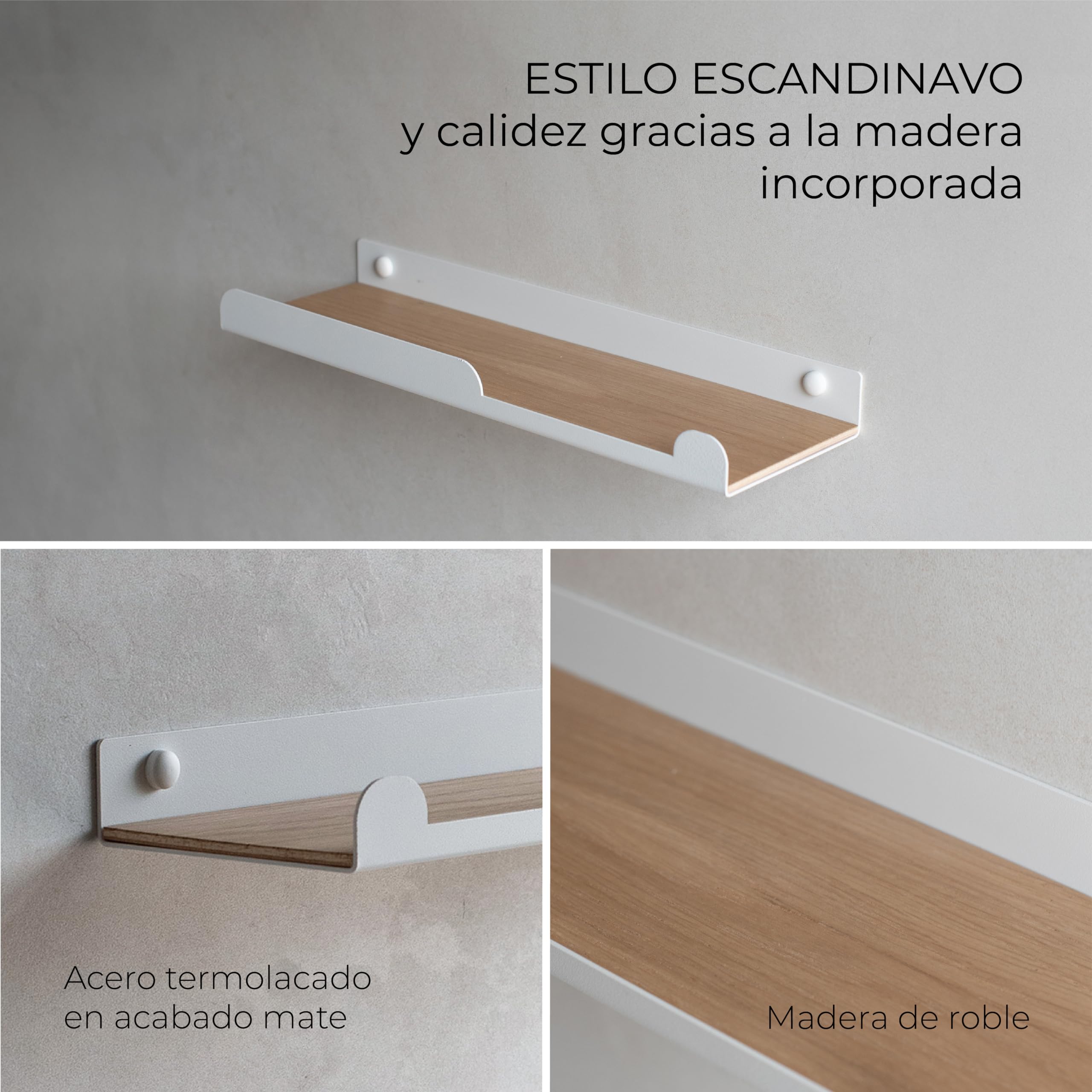 MILUKA Set 2 Baldas Flotantes Pared de 35 cm, con Colgador, Blanco/Roble | Repisas de Pared en metal blanco y base en madera roble | Pequeña Estanteria de 2 estantes para baño, dormitorio y recibidor