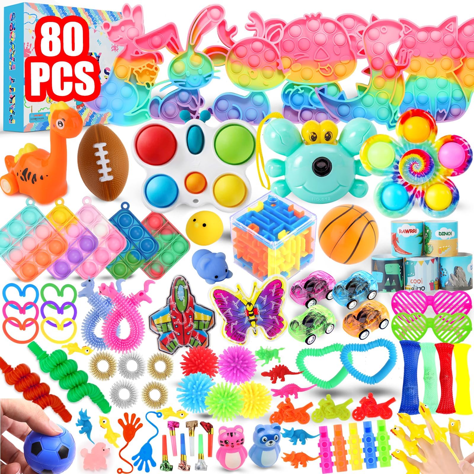 80Pcs Fidget Toys Pack, Bulk Party Favors for Kids, Stocking Stuffers, Treasure Box Chest, Birthday Party, Classroom Carnival Prizes, Pinata Stuffers, Goodie Bag Stuffers, Stress Relief, Sensory Toy