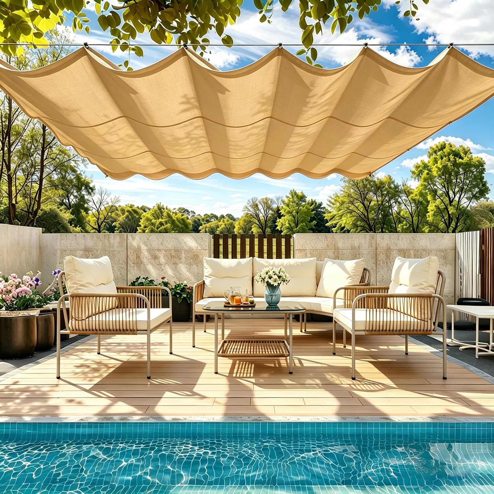 Retractable Wave Shade Cloth 210 x 655 cm Pes Polyester, Waterproof 98% UV Block, Wind and Tear Resistant, Rectangle Awning Canopy with Eyelets and Rope for Deck Swimming, Sand yellow