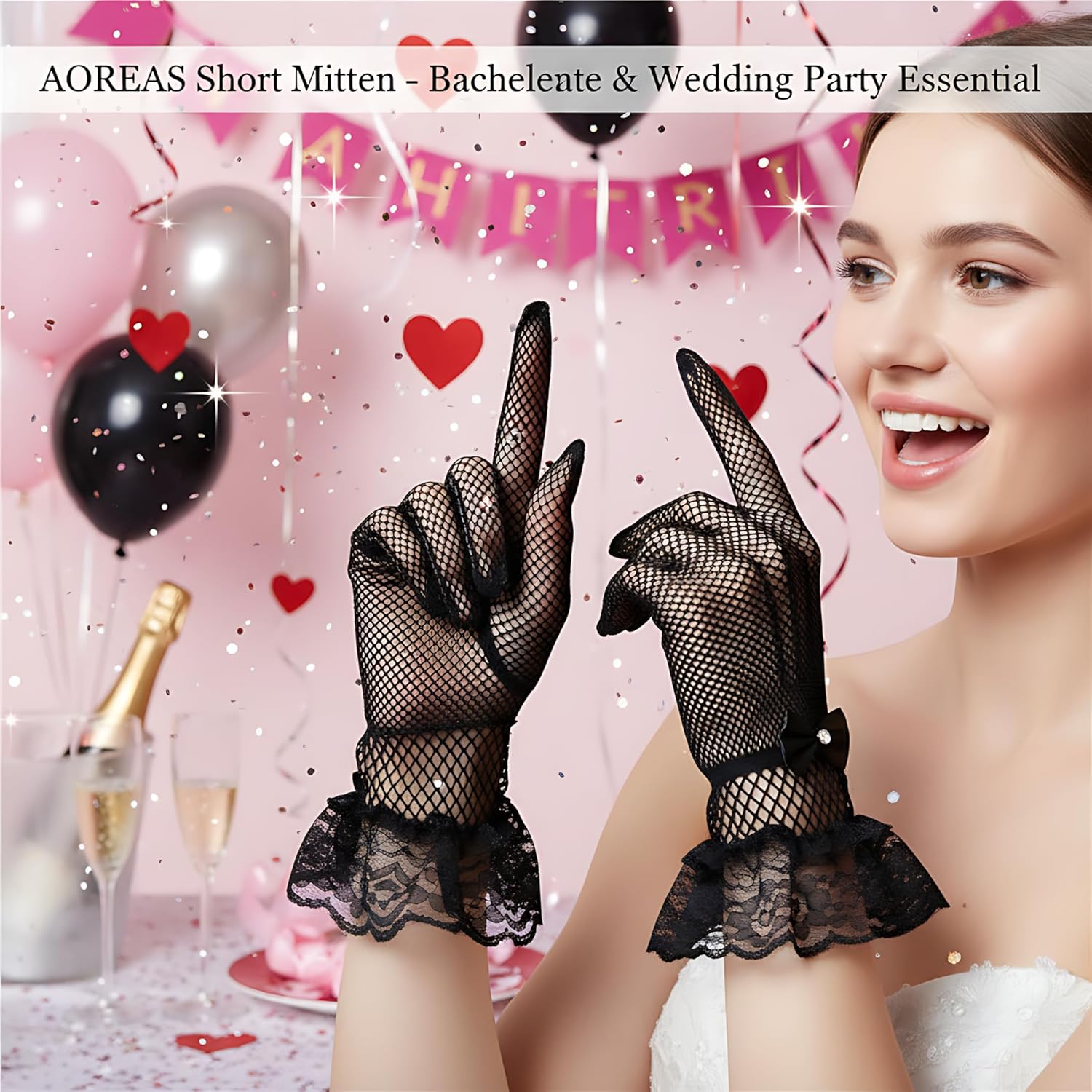 Women Lace Gloves Wedding Tea Party Gloves Black Bow Short Mitten Elegant Accessories 1920s Opera - Image 5