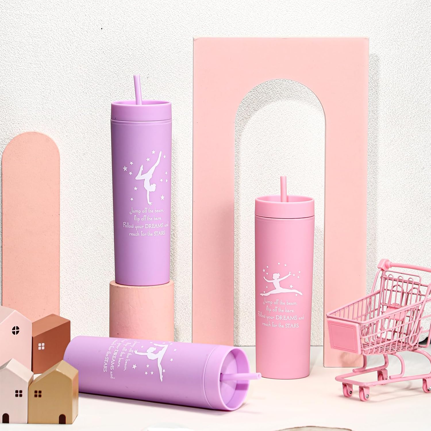 6 Pcs Gymnastics Party Favors Skinny Tumblers with Lids and Straws Gymnastics Birthday Party 16oz Water Bottle for Girls Teens Gymnasts Coach Team Gymnast Lovers(Pink,Purple)