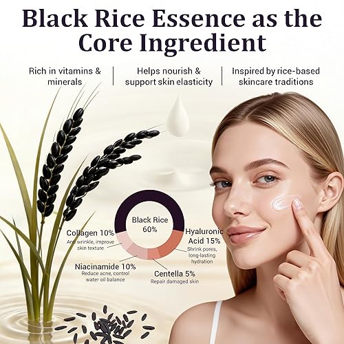 Miniatura 3 de Juego de rutina de cuidado de la piel de arroz negro natural para mujeres, kit antienvejecimiento con lavado facial, tóner, suero, loción corporal,