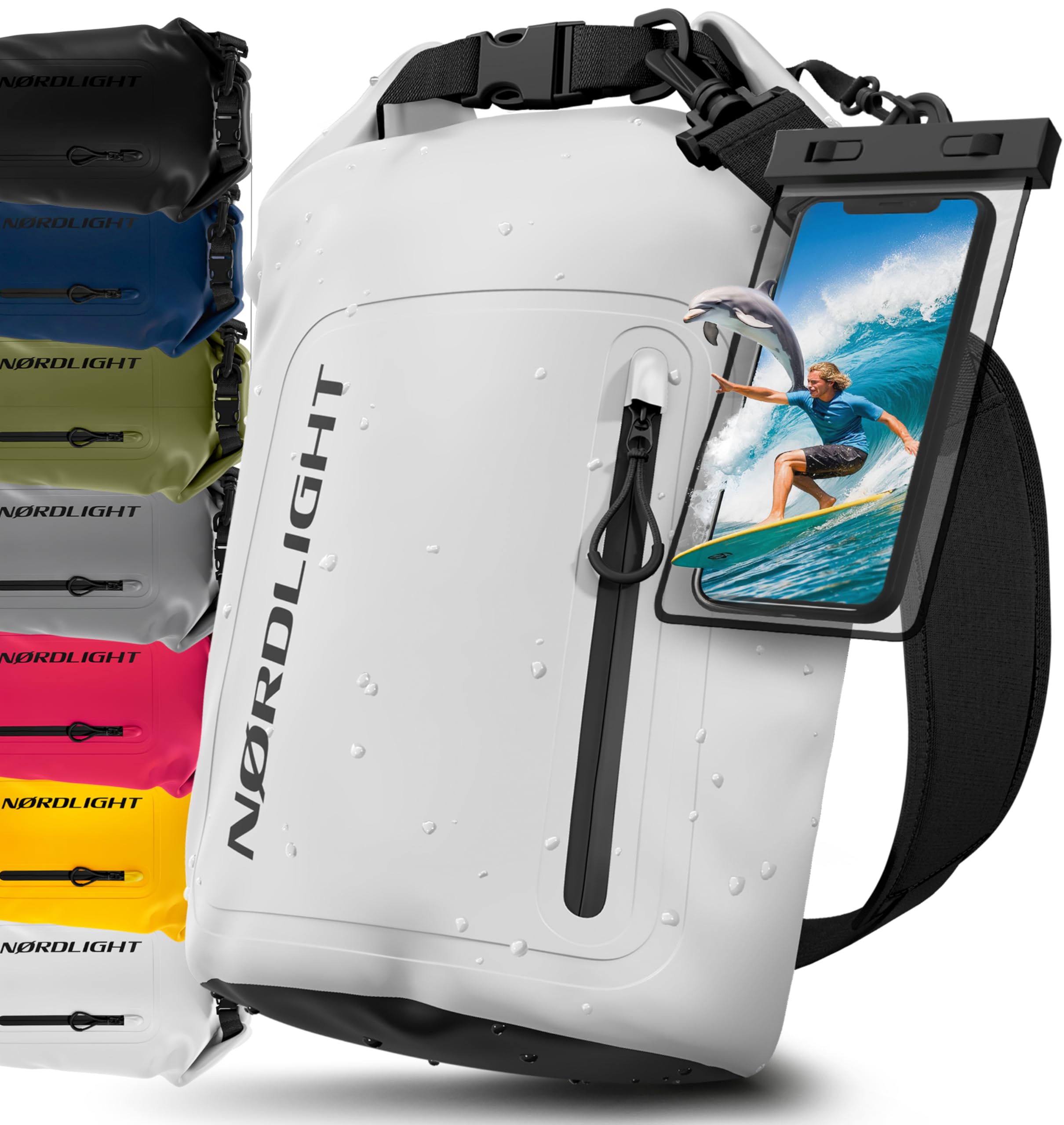 Nordlight Dry Bag wasserdichte Tasche mit Handyhülle + Roll-Top, Schultergurt | Drybag wasserfester Rucksack Beutel Packsack Seesack Wassersack Wetbag | Baden Schwimmen Strand SUP – Weiß, 20 Liter