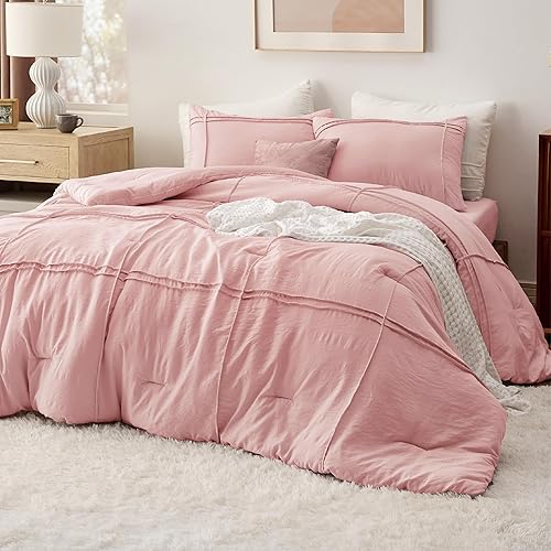 Bedsure Twin Comforter Set with Sheet - 3 Pieces Soft Light Pink Bedding, Grid Pinch Pleat, All Season Lightweight Fluffy Bed Set with Solid Boho Comforter, Pillowcase & Sheet