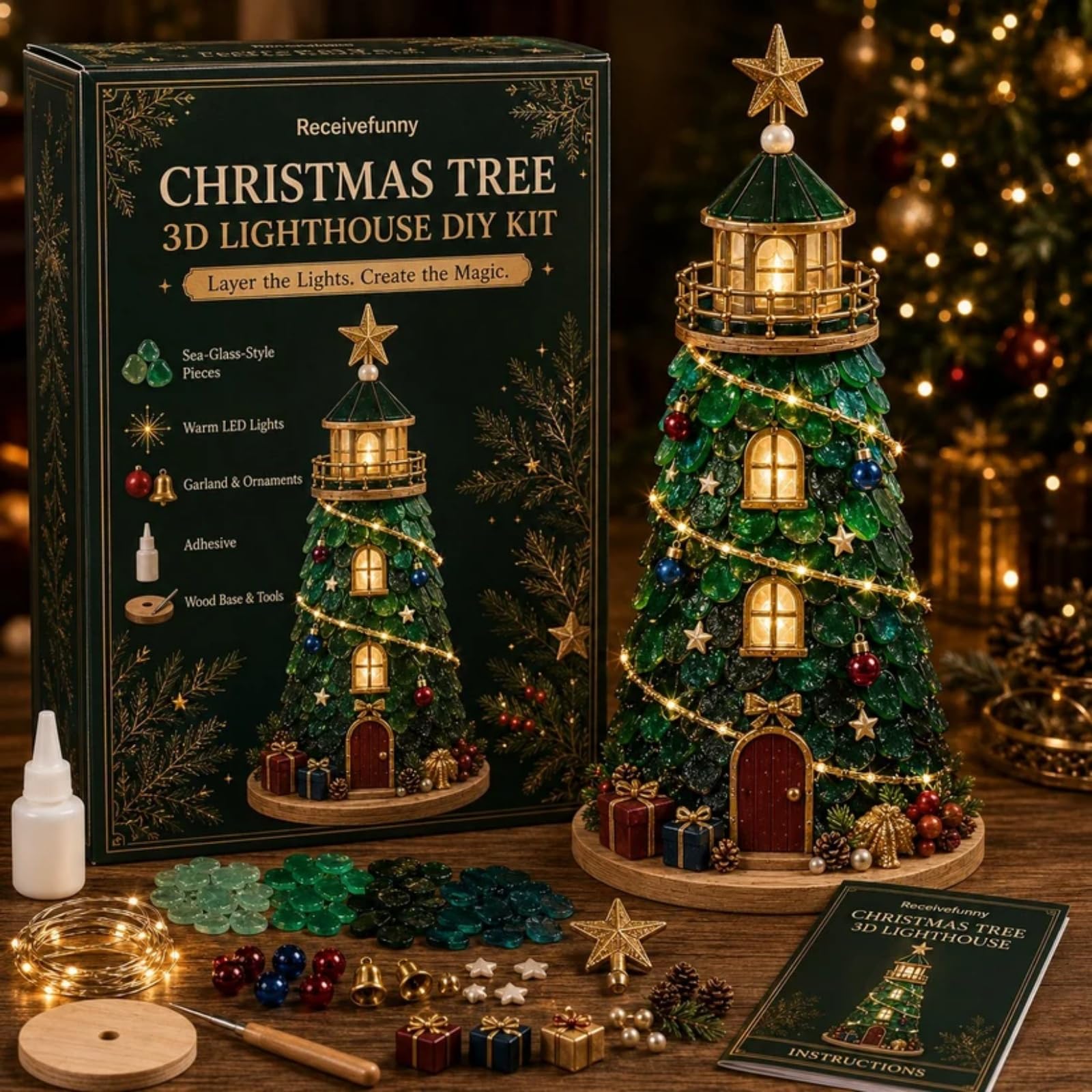 DIY Lighted Christmas Lighthouse Kit Sea Glass-Style 3D Craft，V2