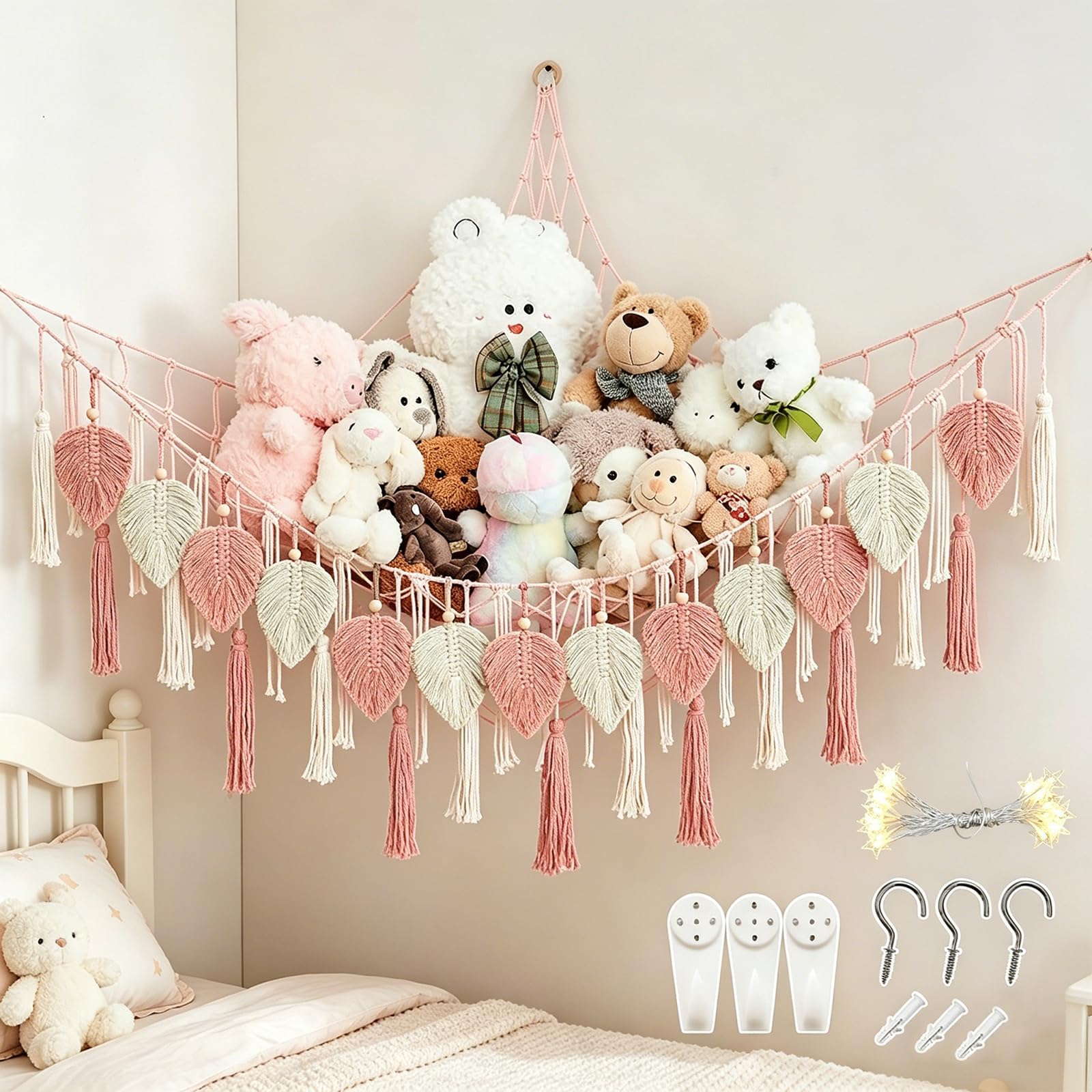 Aiyraa Toy storage net bag for Stuffed Animals Macrame - Hand Woven Leaf Tassels Corner Hanging Net, Boho Cute Plush Toy Storage for Kids Room, Teddy Bear Organizer, Girls Gift (Pink)