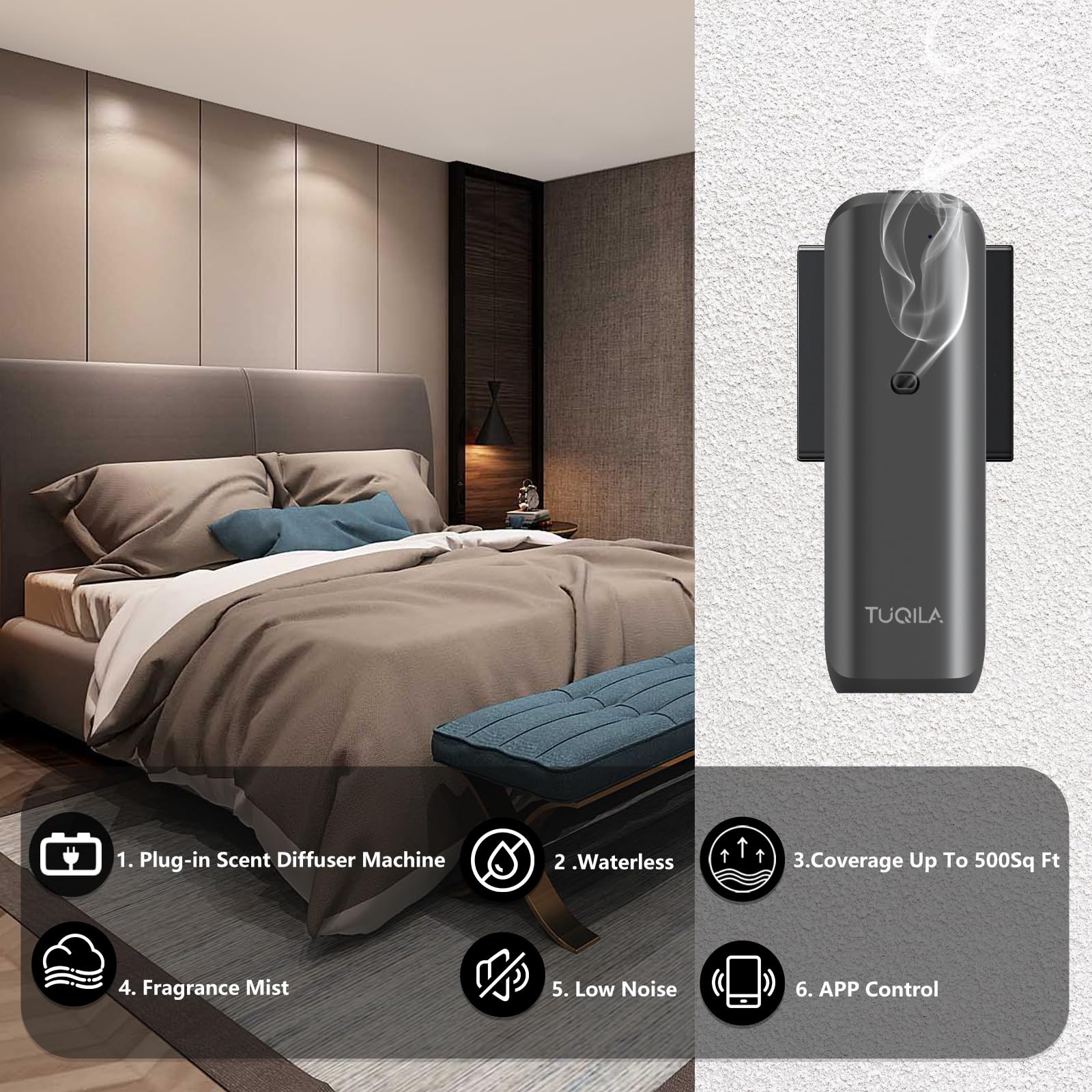 Tuqila Hotel Waterless Diffuser Plug in, Smart Scent Essential Air Oil Diffuser, 100ML Up to 500Sq.Ft Coverage, APP Bluetooth Control, Cold Air Diffusion for Home, Hotel, Office (Black)