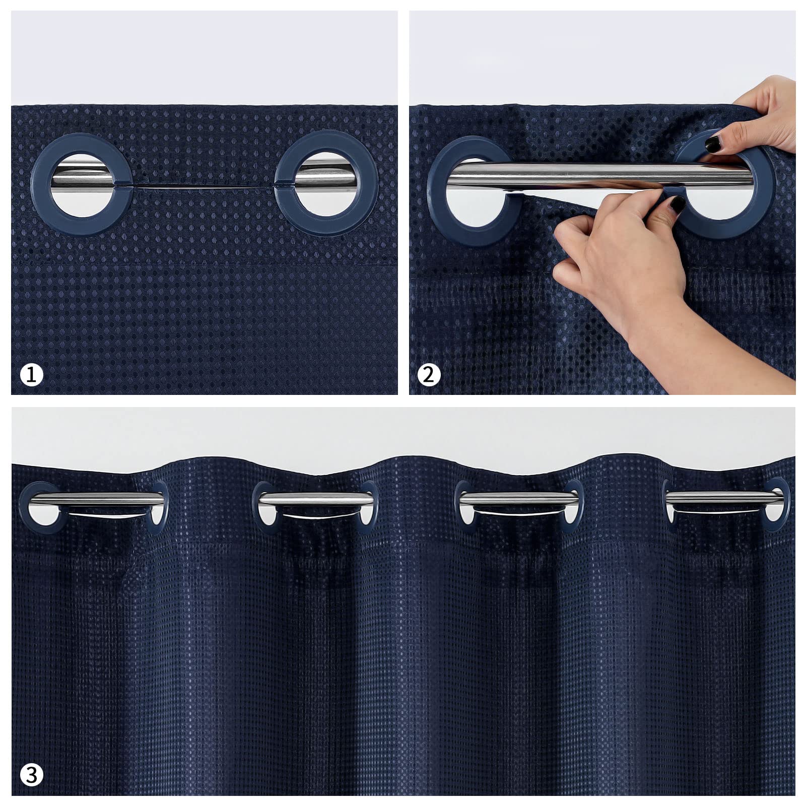 MitoVilla Juego de cortina de ducha larga azul marino de 72 x 80 pulgadas, no requiere ganchos, 203 cm de largo, juego de cortina de ducha de tela con forro de tela a presión para decoración moderna