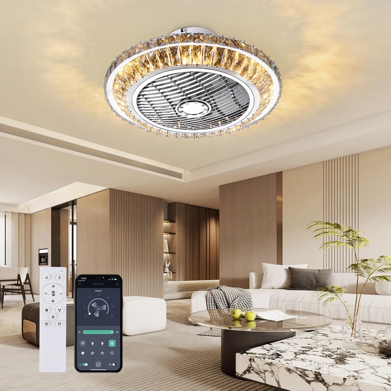 Crystal Ventilatori Da Soffitto Con Lampada 72W LED Fan Plafoniera Invisibile 3 Velocità Con Telecomando Dimmerabile Decorazione D'interni Illuminazione Camera Da Letto Ristorante Fan Lampadario(A)