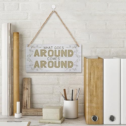 Miniatura 2 de Letrero colgante de madera con texto en inglés "What Goes Around Comes Around Comes Around de madera rústica", decoración colgante para decoración
