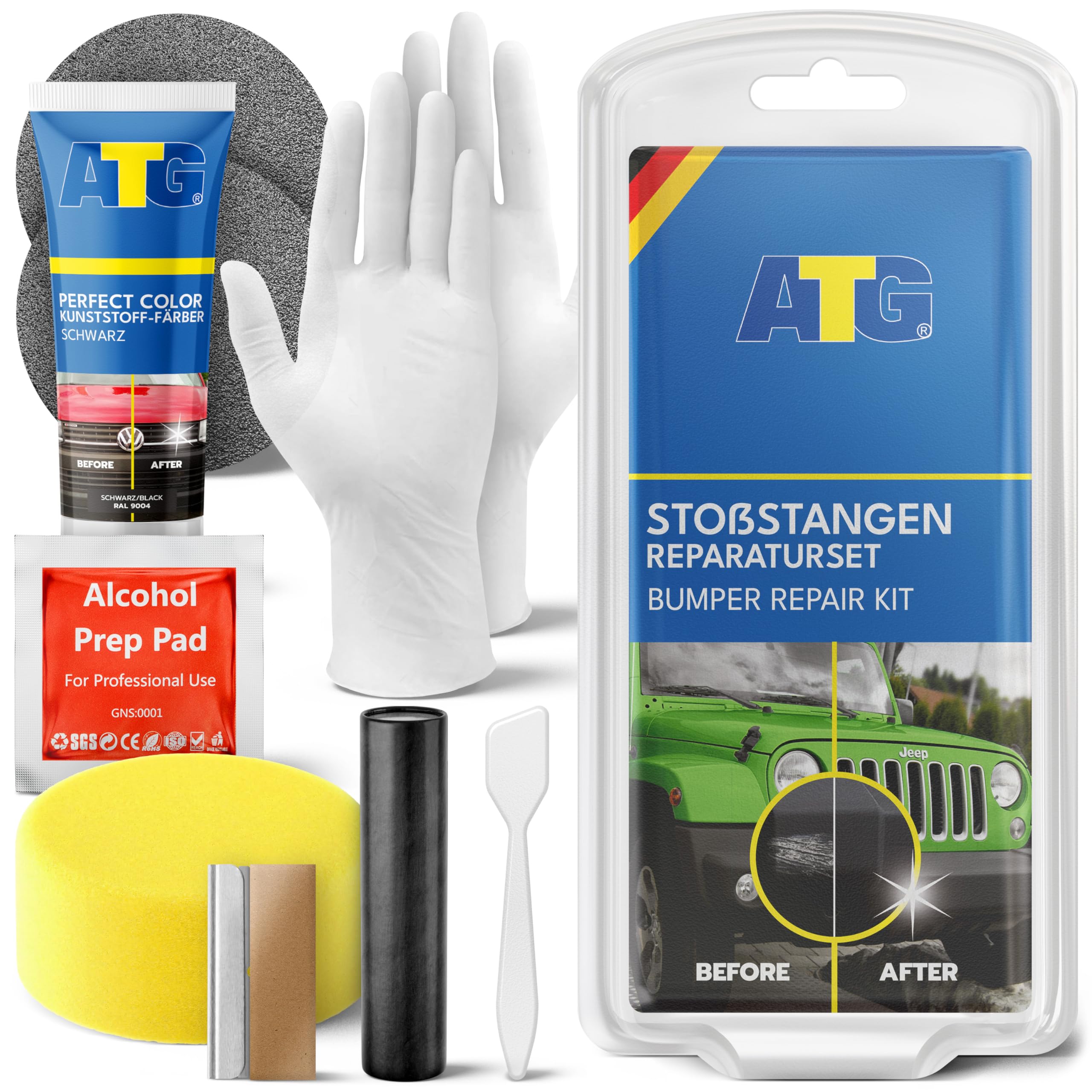 ATG Kit Reparación Parachoques Negro – Reparador Arañazos Plástico Coche, Reparar Parachoques Plástico y Grietas, Elimina Arañazos Profundos y Restaura Color Negro