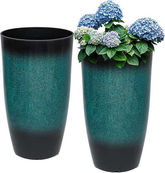 Autodaya Tall Outdoor Planters, Set of 2 Large Flower Pots for Outdoor Plants, with Gradient Turquoise Finish, Weather-Resistant for Porch, Garden, Patio
