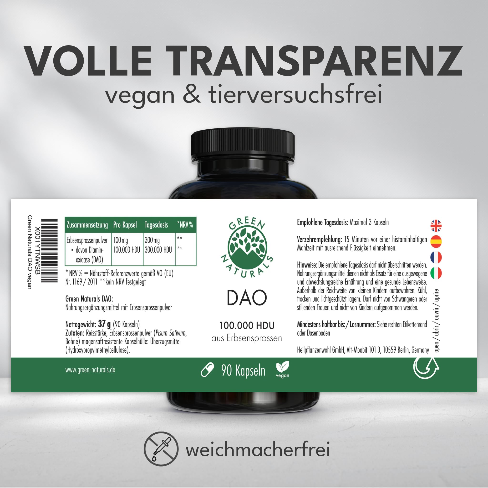 Green Naturals DAO – Hochdosiert: 300.000 HDU – 90 Kapseln | 100.000 HDU pro Kapsel · Diaminoxidase aus Erbsensprossen · 1-Monatsvorrat