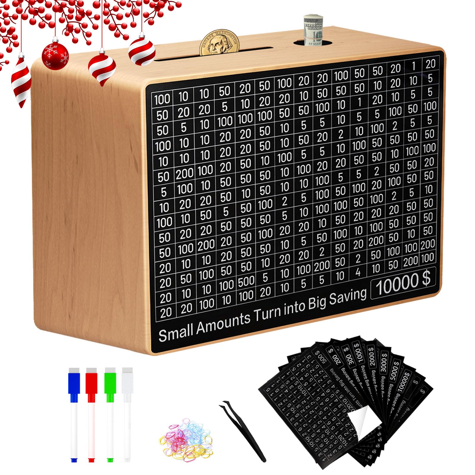 Large Money Saving Box,9.1 x 6.7 x 3.2 Inches,Wood Savings Challenge Box with 10 Targets $200 to $10000,Reusable Cash Savings Box for Kids and Adults,Natural