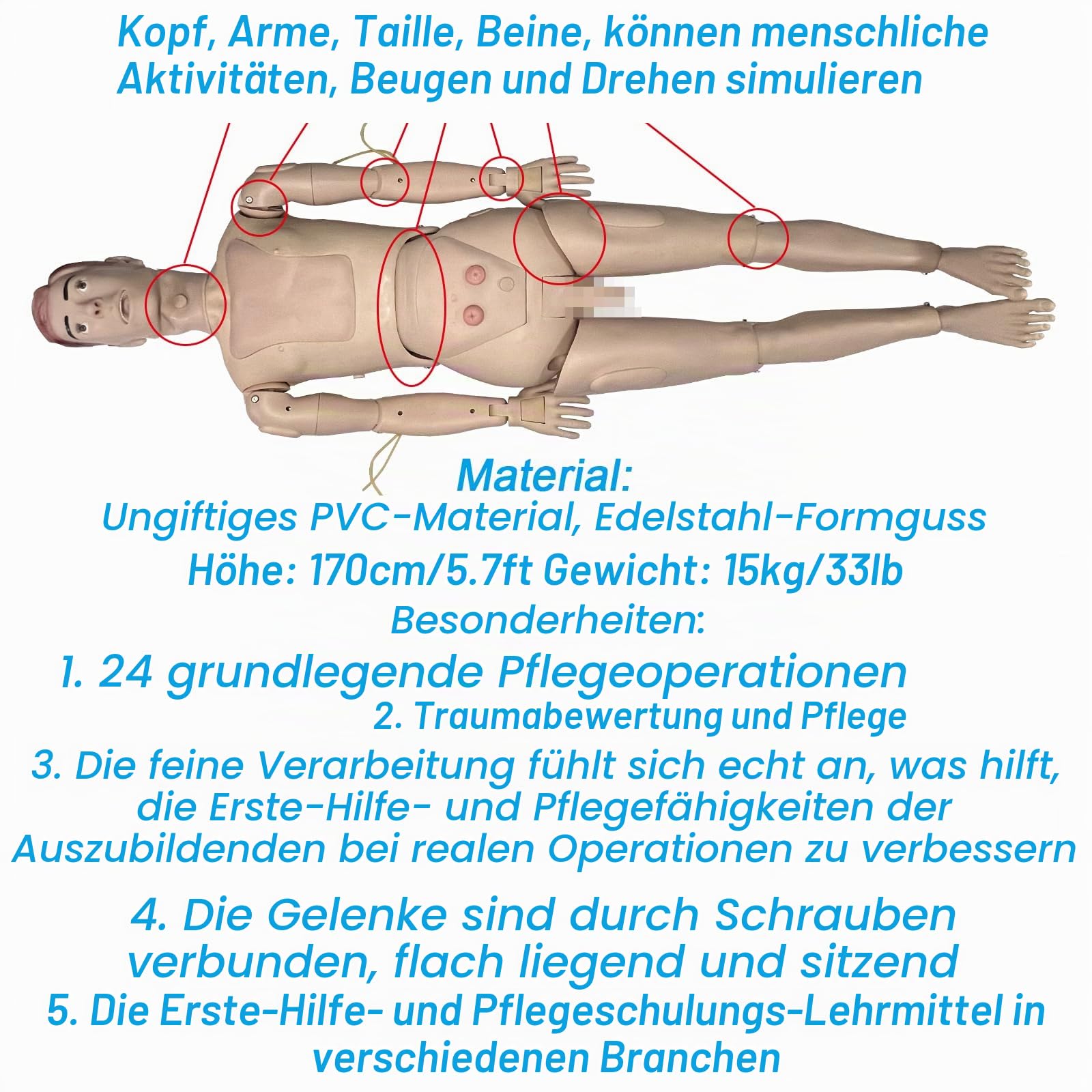DRXRD Pflegepuppe Altenpflege Lebensgroß Krankenpflege-Puppe mit Wundmodul + Amputationsmodul + Patientenkittel + Aufbewahrungstasche für Unterricht in der Grundausbildung in der Krankenpflege